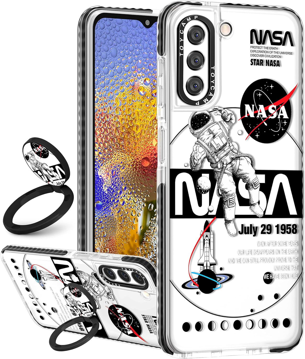 Toycamp for Samsung Galaxy S22 Case for Women, Colorful Butterfly Cute Girly Print Design for Girls Teens Case with Ring Kickstand (6.1 Inch), Black  Toycamp White Astronaut Nasa  