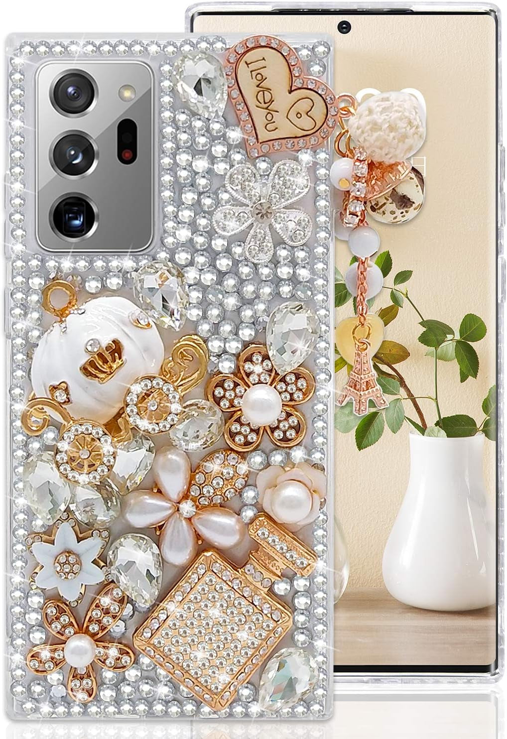 Guppy for Galaxy Note 20 Ultra Case Women Luxury 3D Bling Shiny Rhinestone Diamond Crystal Pearl Handmade Pendant Iron Tower Pumpkin Car Flowers Soft Protective Anti-Fall Case for Galaxy Note 20 Ultra  Guppy   
