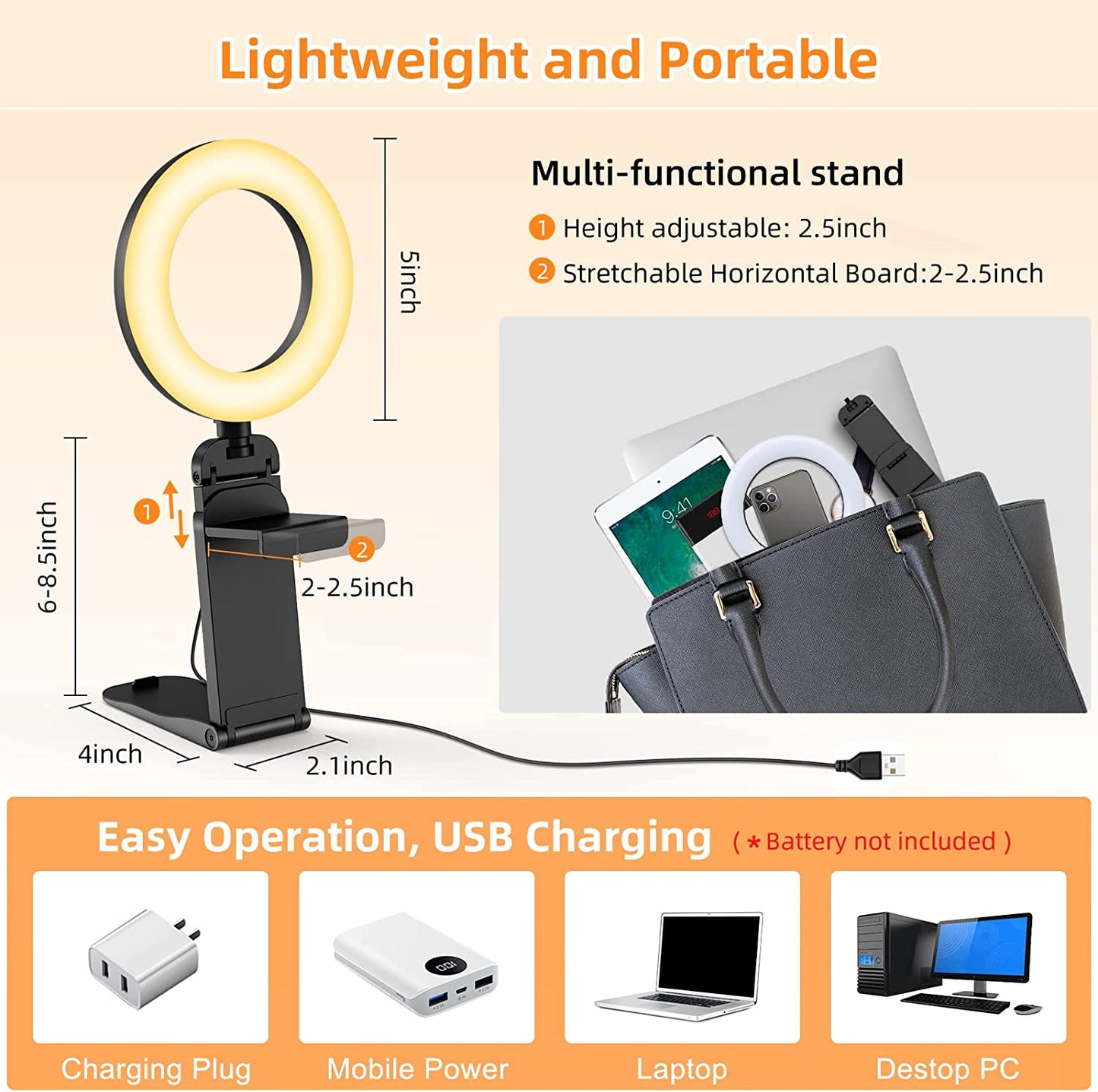 Ring Light for Computer Laptop,Video Conference Lighting Kit for Zoom Meetings,5" Small Led Selfie Light Portable Ring Light with Stand,Cell Phone Holder Desktop Ring Light for Skype Call  Evershop   