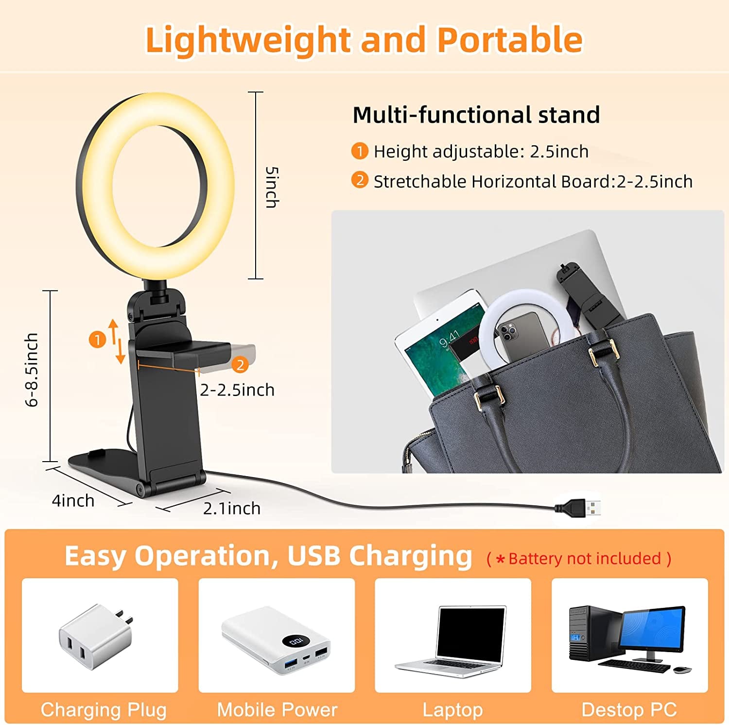 Ring Light for Computer Laptop,Video Conference Lighting Kit for Zoom Meetings,5" Small Led Selfie Light Portable Ring Light with Stand,Cell Phone Holder Desktop Ring Light for Skype Call  Evershop   