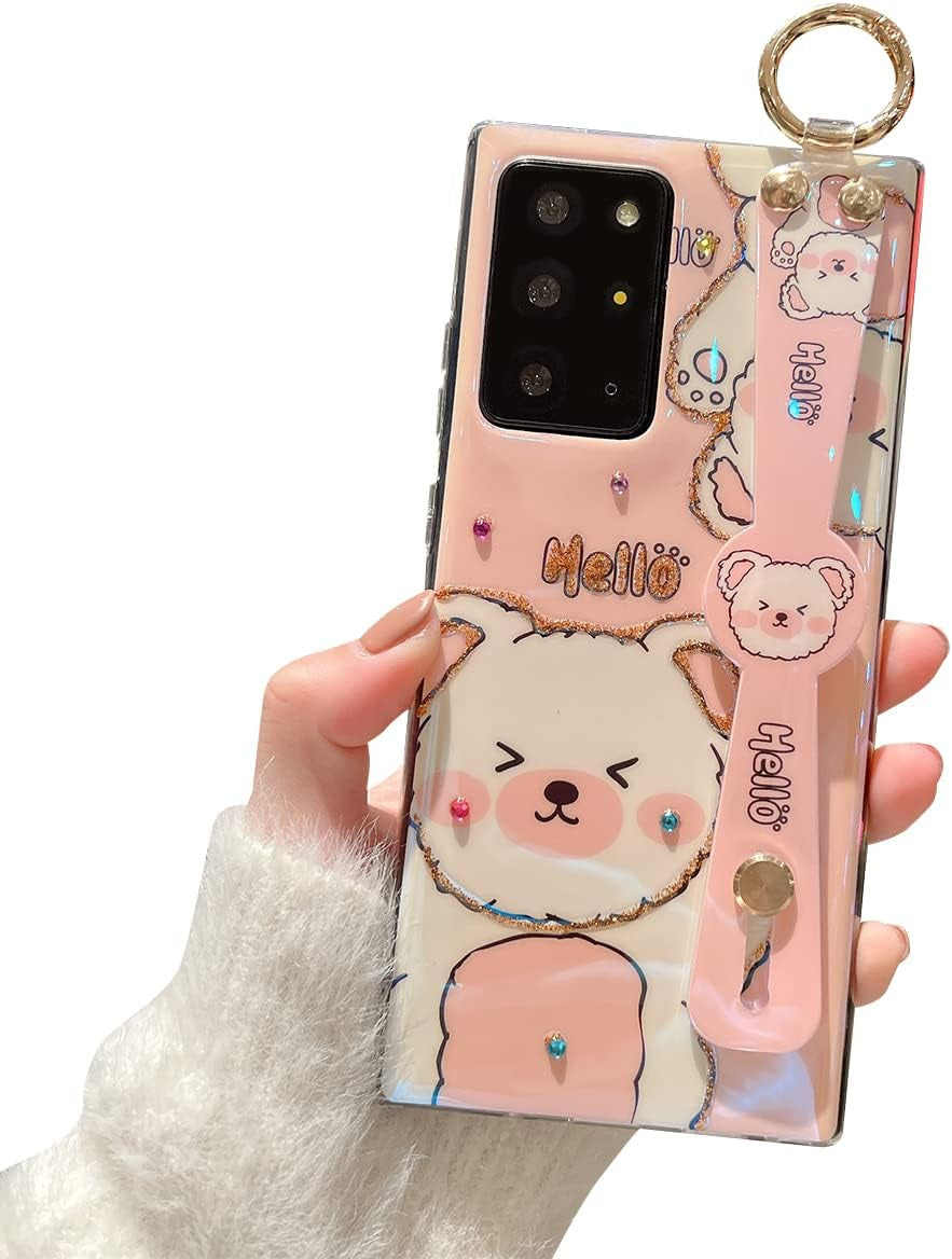 Lastma for Samsung Galaxy Note 20 Ultra Case Cute with Wrist Strap Kickstand Case 5G Glitter Bling Cartoon IMD Soft TPU Shockproof Protective Phone Cases Cover for Girls and Women - Purple Butterfly  Lastma Pink Bear  