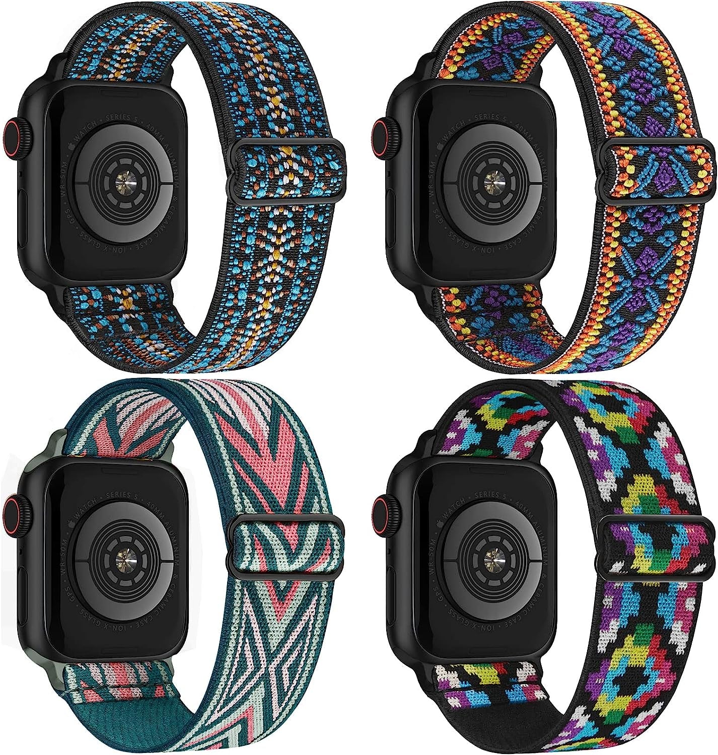 Stretchy Nylon Solo Loop Compatible with Apple Watch Band 38Mm 40Mm 41Mm 42Mm 44Mm 45Mm 49Mm Series 8/7/6/5/4/3/2/1/Se/Ultra  CCnutri 4 packs 42mm/44mm/45mm/49mm 