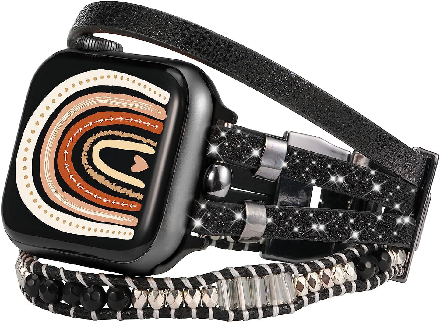TOYOUTHS Compatible with Apple Watch Band Bracelet Multi-Strand Leather Sparkle Braided Wrap with Beaded Boho Bling Jewelry Dressy 41Mm 40Mm 38Mm Band for Iwatch Series SE 8 7 6 5 4 3 2 1  toyouths Black 41/40/38mm 