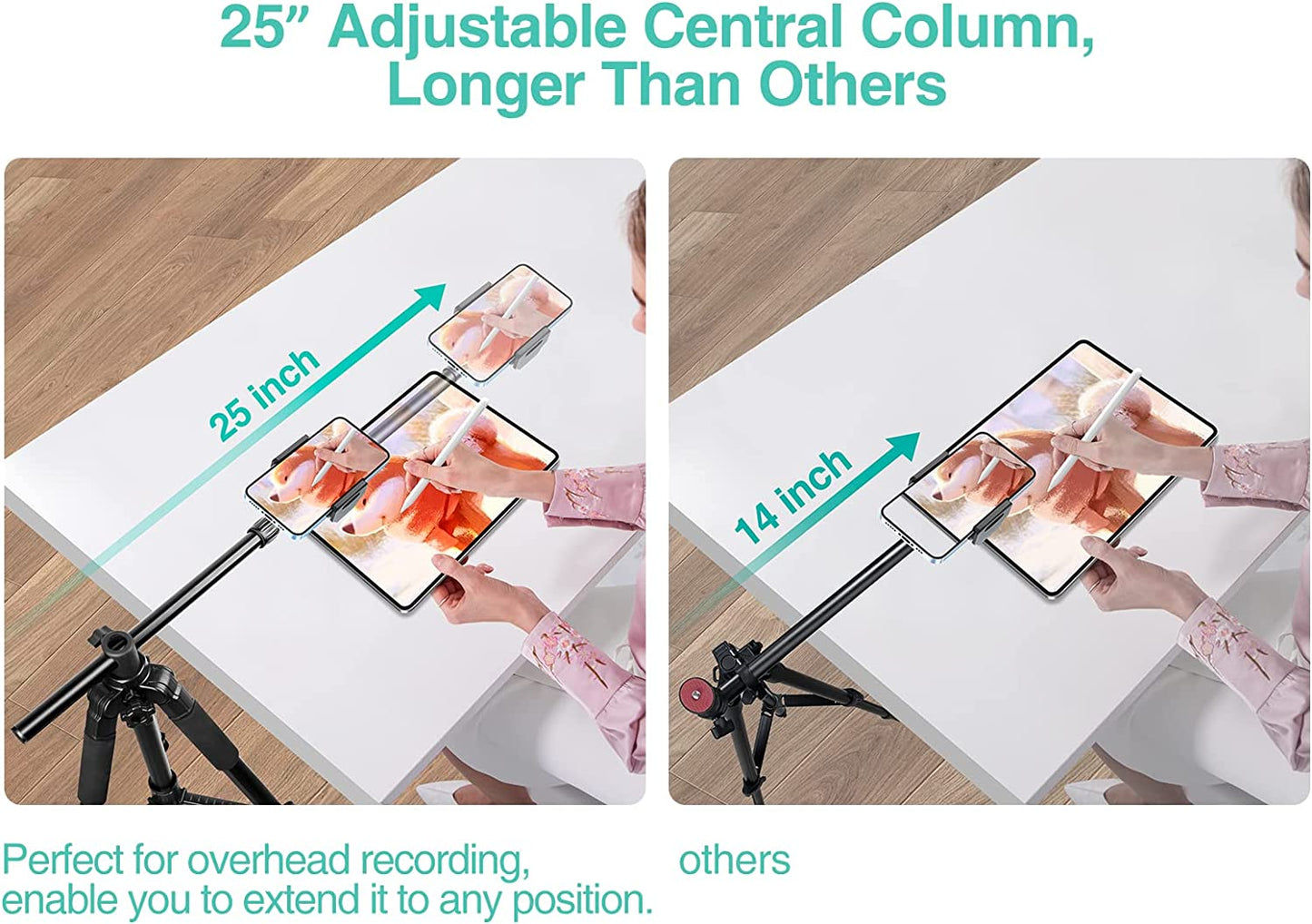 Elitehood Iphone Tripod for Overhead Video Recording [Heavy Duty & Ultra-Stable], 25In Horizontal Long Extendable Boom, 360° Rotation Iphone Tripod Stand with Remote, Vertical 71" Tall Phone Tripod  elitehood   