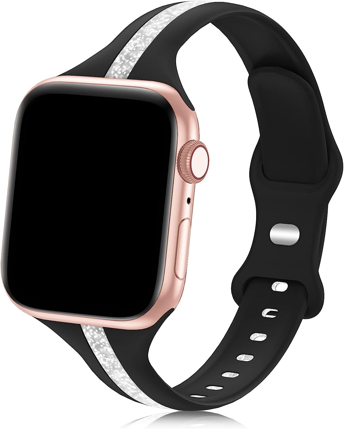 Iwabcertoo Designer Sport Bands Compatible with Apple Watch Band 38Mm 40Mm 41Mm 42Mm 44Mm 45Mm Women, Slim Soft Silicone Strap Replacement Wristbands Compatible for Iwatch Series 8/7/6/5/4/3/2/1/SE  iWabcertoo Black Glitter Sliver 42mm/44mm/45mm/49mm 