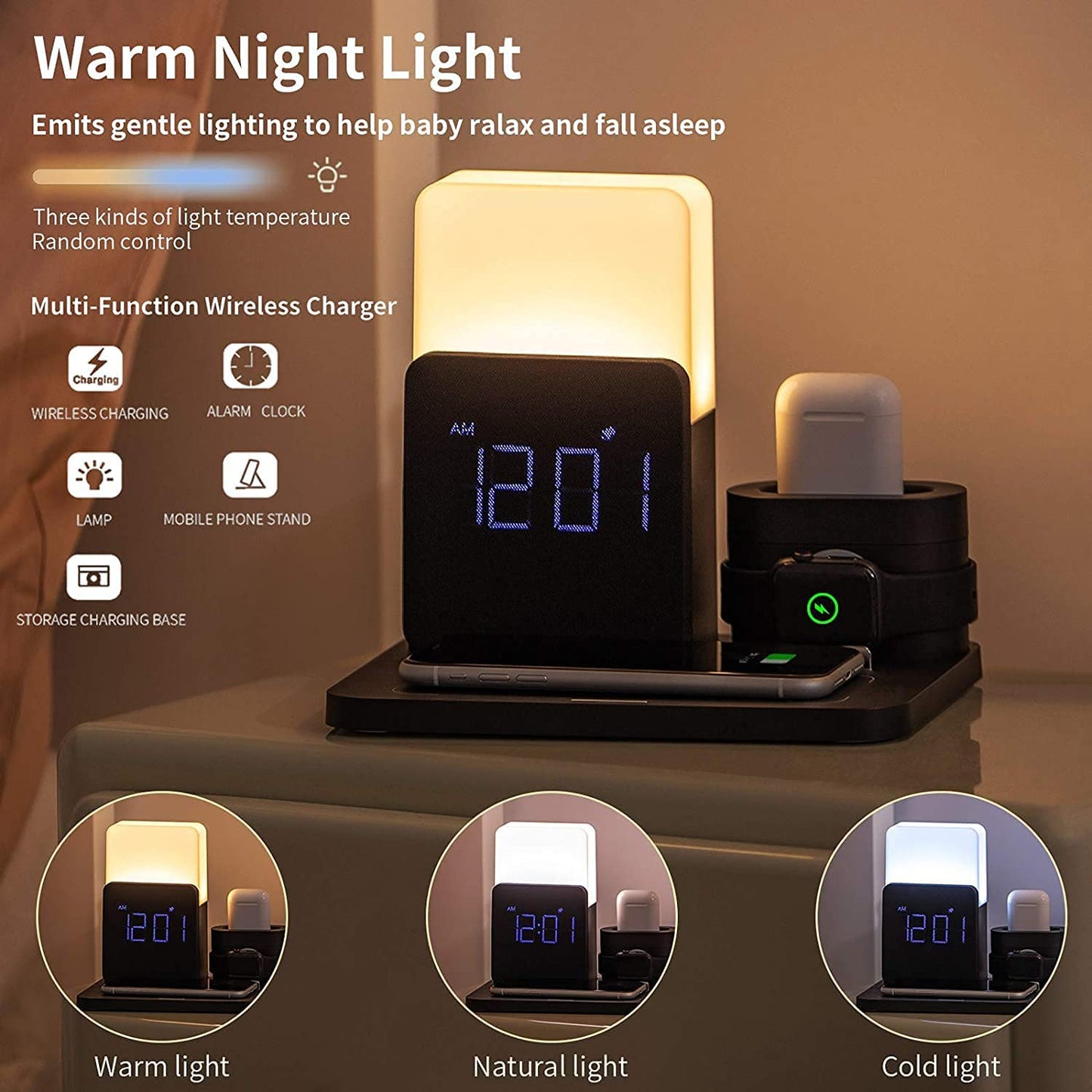 Wireless Charger,3 in 1 Fast Charging Station with Digital Alarm Clock and Night Light,Compatible for Iphone 14/14 Pro/13/13 Pro/12/12Pro Max/11 Series/Xs Mas/Xr/Xs/8/8 Plus/Iwatch/Airpods/Samsung  LAVONE   