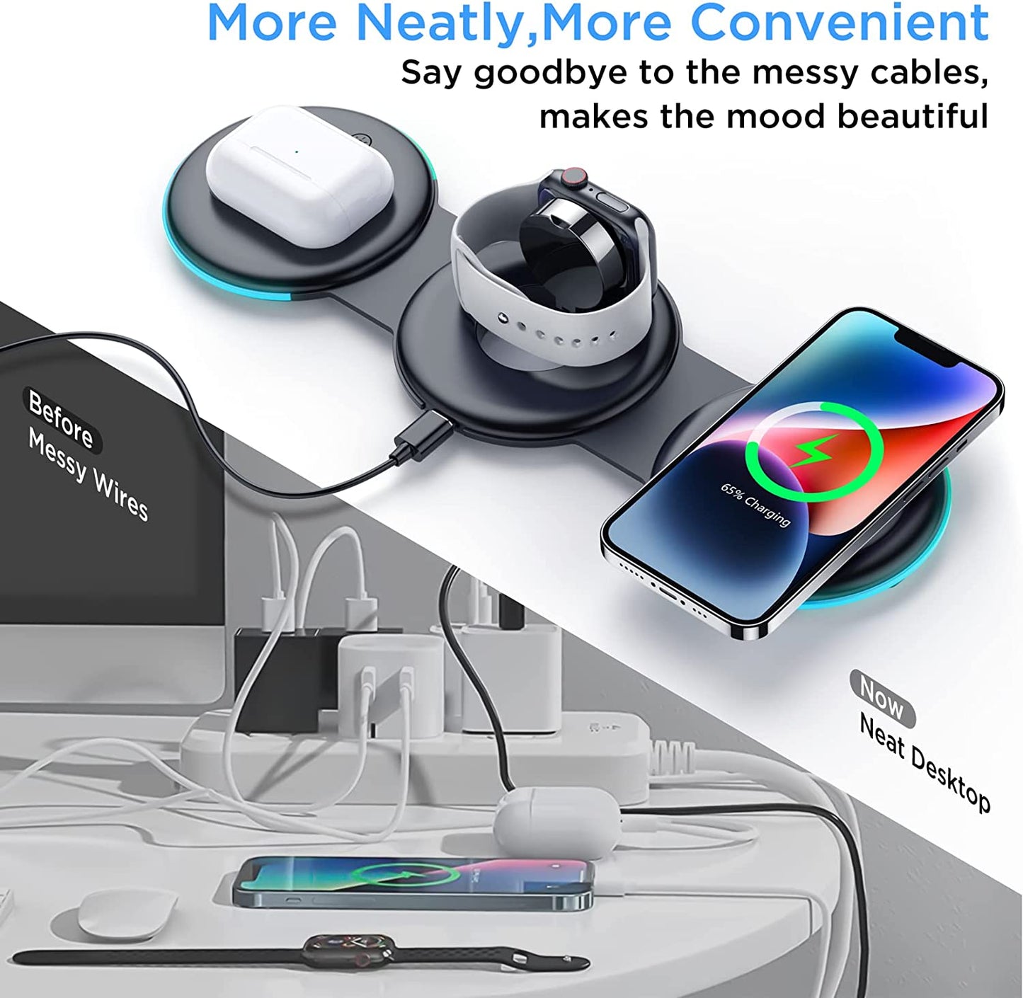 Wireless Charging Station, 3 in 1 Foldable Fast Wireless Charger Pad [Compatible with Magsafe Charger] for Iphone 14/Pro/Max/Plus/13/12 Series, Airpods 3/2/Pro, Apple Watch/Iwatch - Black  Temdan   
