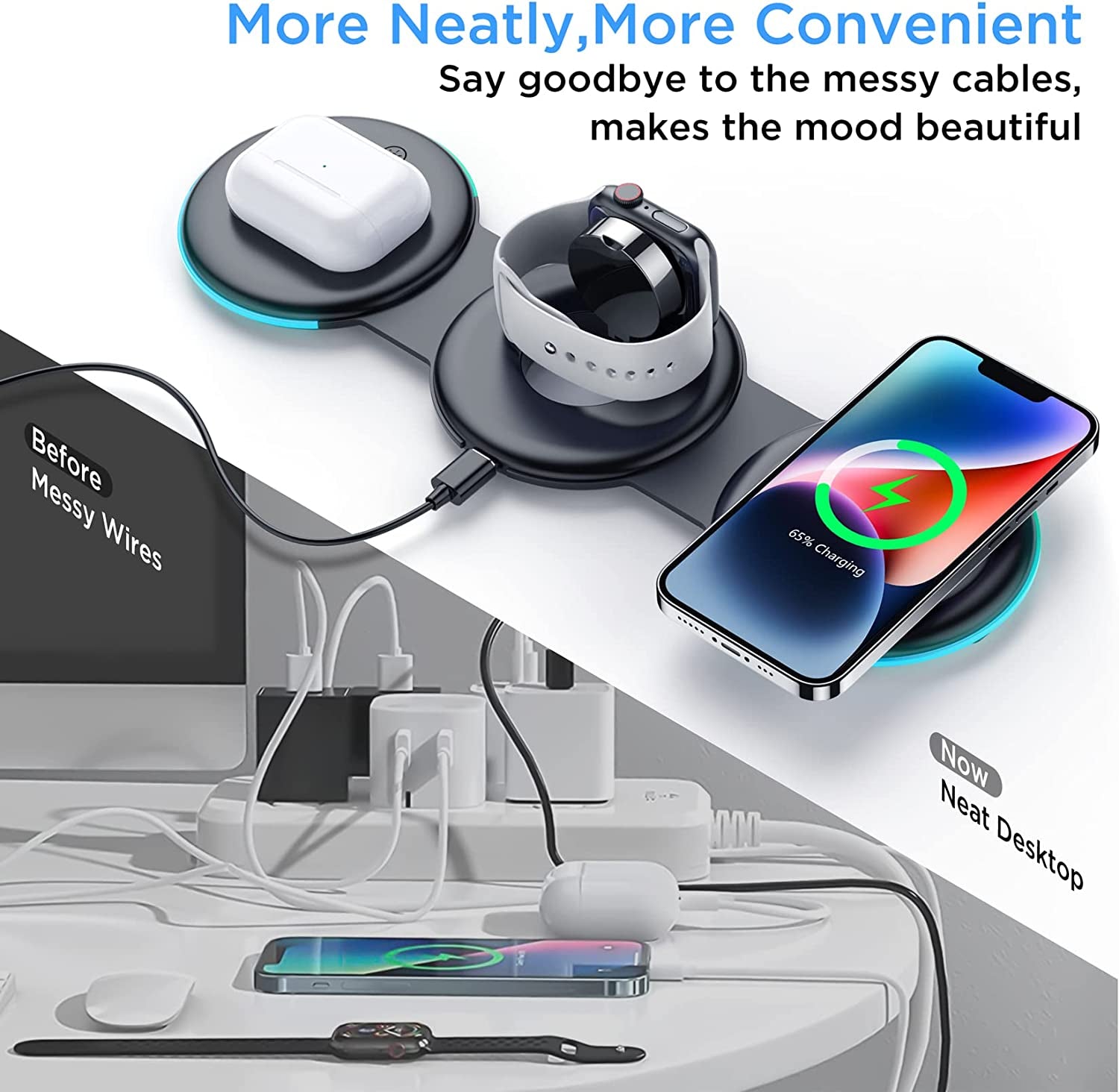 Wireless Charging Station, 3 in 1 Foldable Fast Wireless Charger Pad [Compatible with Magsafe Charger] for Iphone 14/Pro/Max/Plus/13/12 Series, Airpods 3/2/Pro, Apple Watch/Iwatch - Black  Temdan   