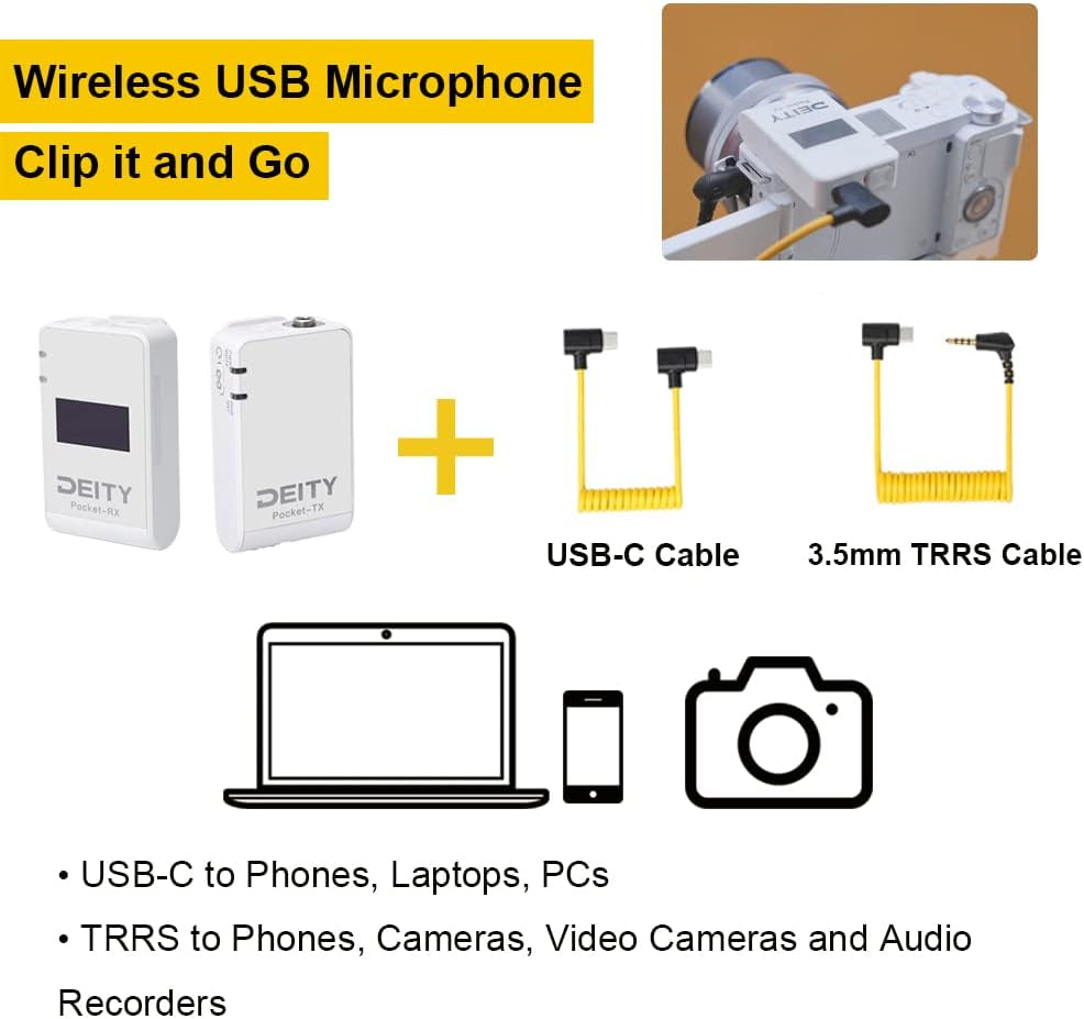 Deity Pocket Wireless Microphones 2.4Ghz Pocket Wireless System Lavalier Microphone with OLED Display for Vlog Video Interview Youtube Facebook Live DSLR Camera Smartphone Tablet (White)  Deity   