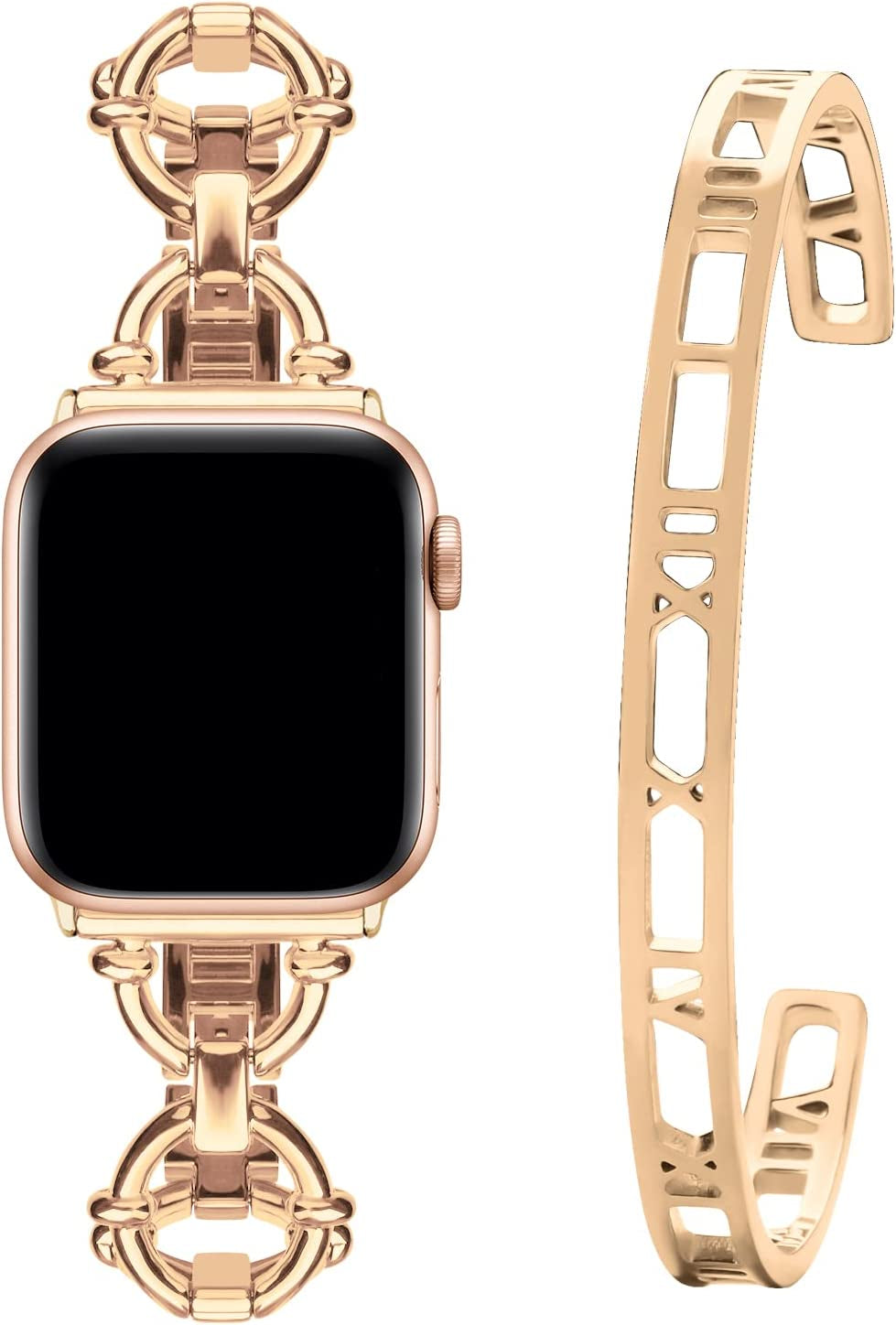 Wutwuk Compatible with Apple Watch Band 38Mm 40Mm 41Mm, Iwatch Bands Strap for Apple Watch SE Series 8 7 6 5 4 3 2 1, Women Dressy Roman Numerals Bangle Bracelets Set, Gold  wutwuk Rose Gold+Numeral 38mm/40mm/41mm 