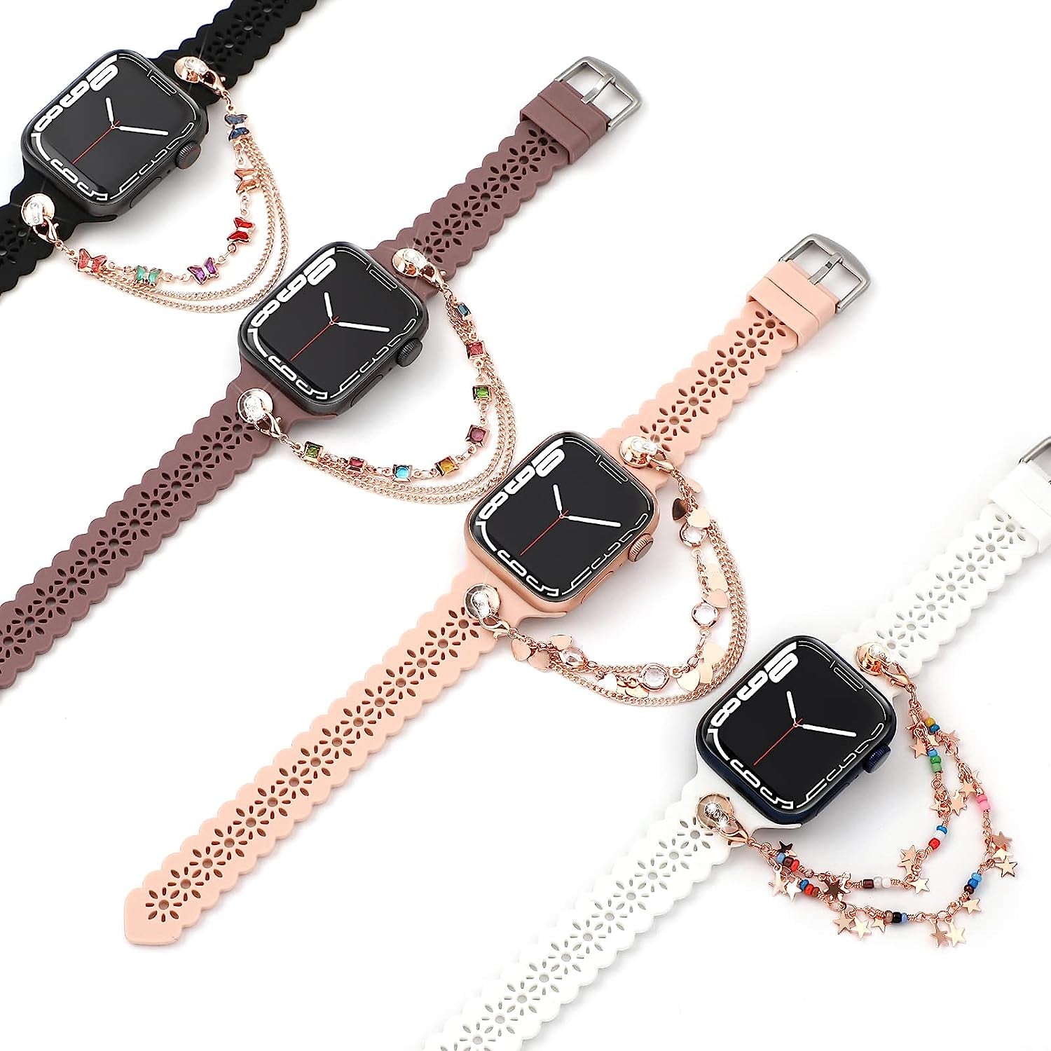 Bandiction 4 Pack Lace Silicone Bands Compatible with Apple Watch Band 38Mm 40Mm 41Mm 42Mm 44Mm 45Mm 49Mm, Women Slim Thin Hollow-Out Sport Wristband for Iwatch Series Ultra 8 SE 7 6 5 4 3 2 1  Bandiction White/Pink/Black/purple+PS2 38mm/40mm/41mm 