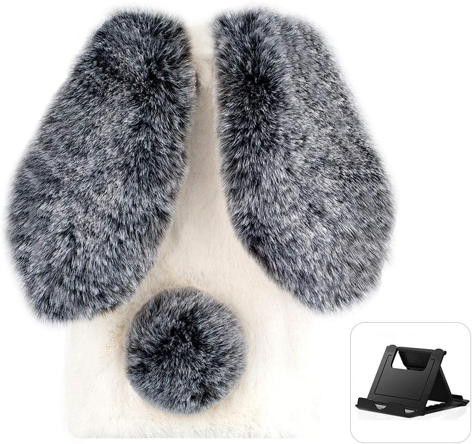 Shinyzone Plush Rabbit Case Compatible with Google Pixel 6 Pro,Fluffy Fuzzy Cute 3D Bunny Ears Soft Warm Case Faux Fur Shockproof TPU Back Cover with Bling Diamond Chic Bowknot,Dark Grey  Shinyzone Black And White Google Pixel 6 Pro 