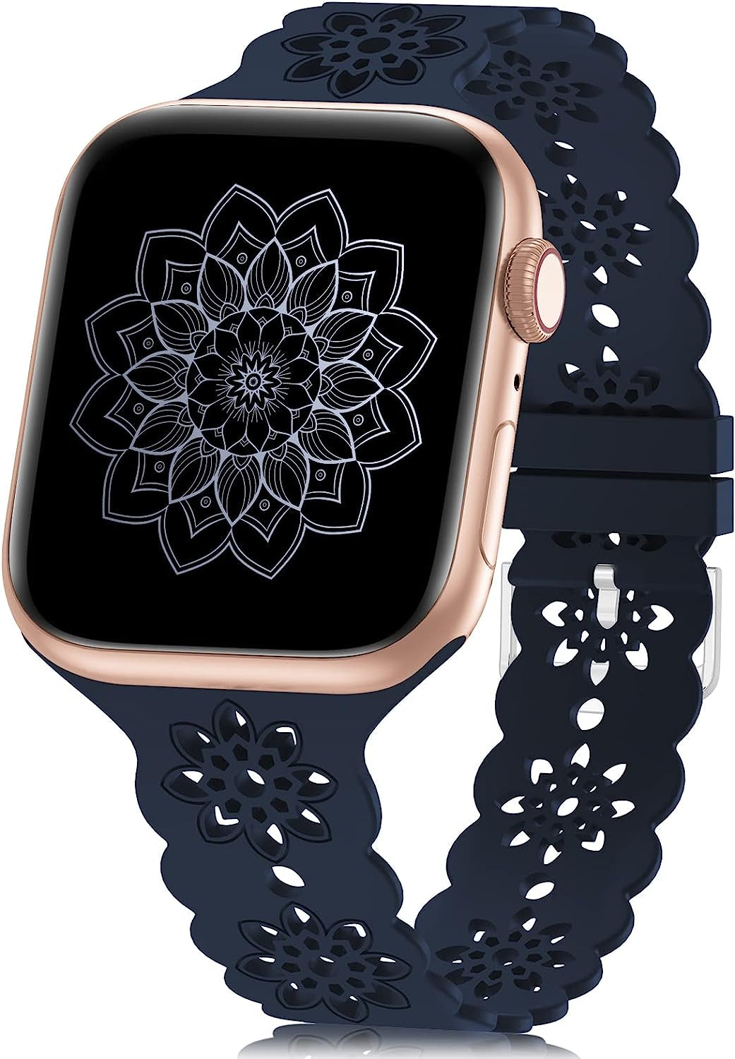 Floral Silicone Band Compatible with Apple Watch Bands 38Mm 40Mm 42Mm 44Mm 41Mm 45Mm 49Mm Women Men, Slim Hollow-Out Design Wristbands Soft Sport Breathable Watch Bands for Iwatch Ultra SE Series 8/7/6/5/4/3/2/1  Wewatri Deep Blue 38mm/40mm/41mm 