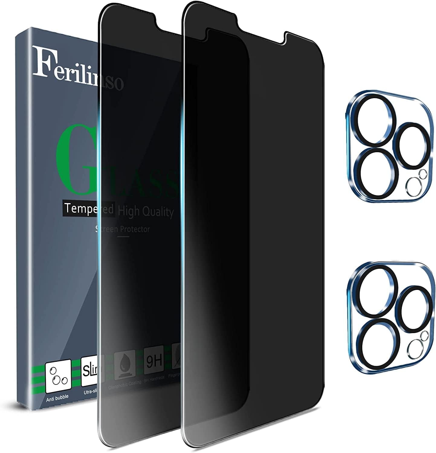 Ferilinso [6-In-1] for Apple Iphone 14 & 13 Screen Protector Accessories 3 Pack 9H Tempered Glass 2 Pack HD Camera Lens Protector Cover Protection Case Friendly Mounting Frame Protector De Pantalla  Ferilinso 13 pro Black 13 Pro 6.1 Inch 