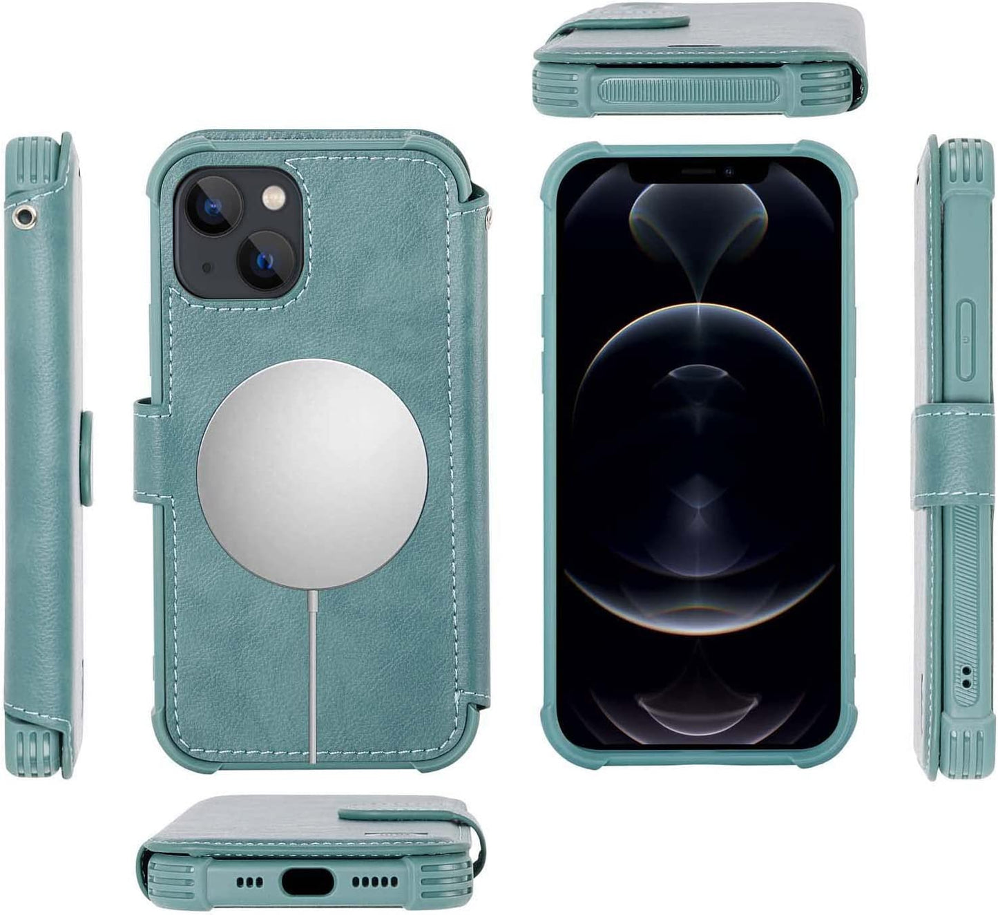 VANAVAGY Iphone 13 Mini Wallet Case Magsafe,Leather Flip Folio Phone Cover Supports Magsafe and Wireless Charging with RFID Block Card Holder and Wrist Strap,Forest Green  VANAVAGY   