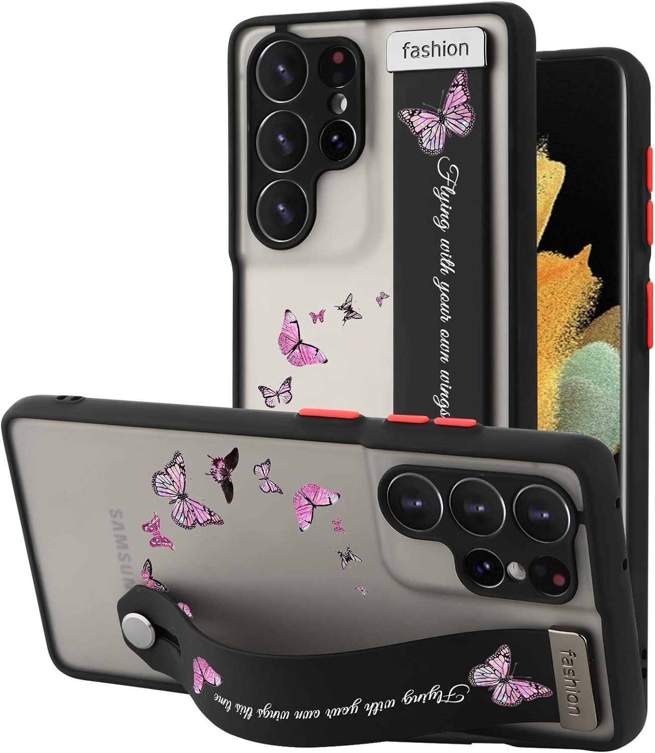 AIGOMARA Compatible Samsung Galaxy S21 Ultra Case with Strap Kickstand Butterflies Shockproof Protection Soft TPU and Hard PC Anti-Scratch Cover for S21 Ultra  AIGOMARA Pink Butterfly  