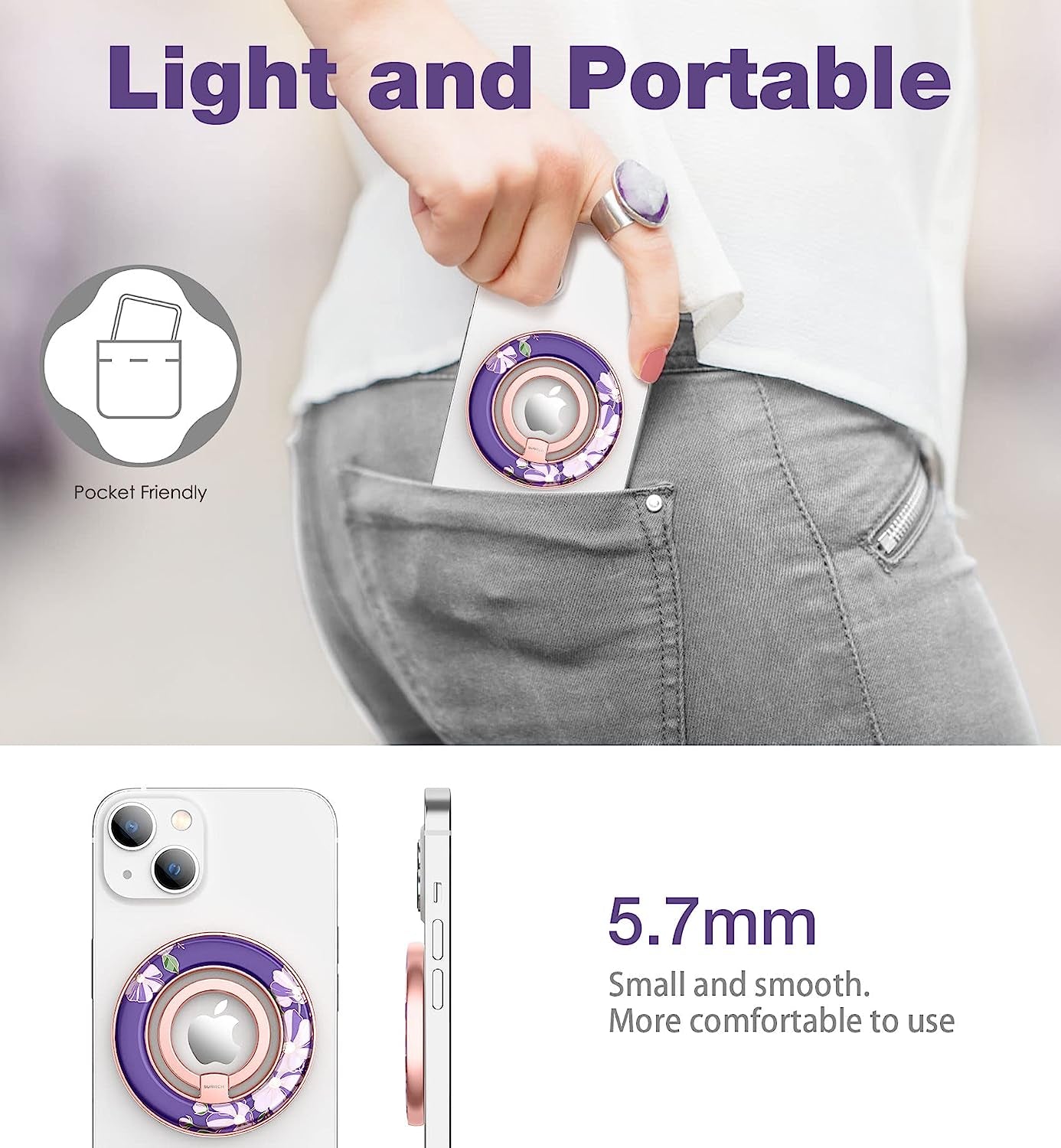 SURITCH Magnetic Cell Phone Ring Holder Grip for Iphone 14/13/12(Pro, Pro Max, Plus, Mini), Finger Grip Folding Adjustable Kickstand for All Magsafe Iphone-Compatibles, Purple Cosmos  SURITCH   