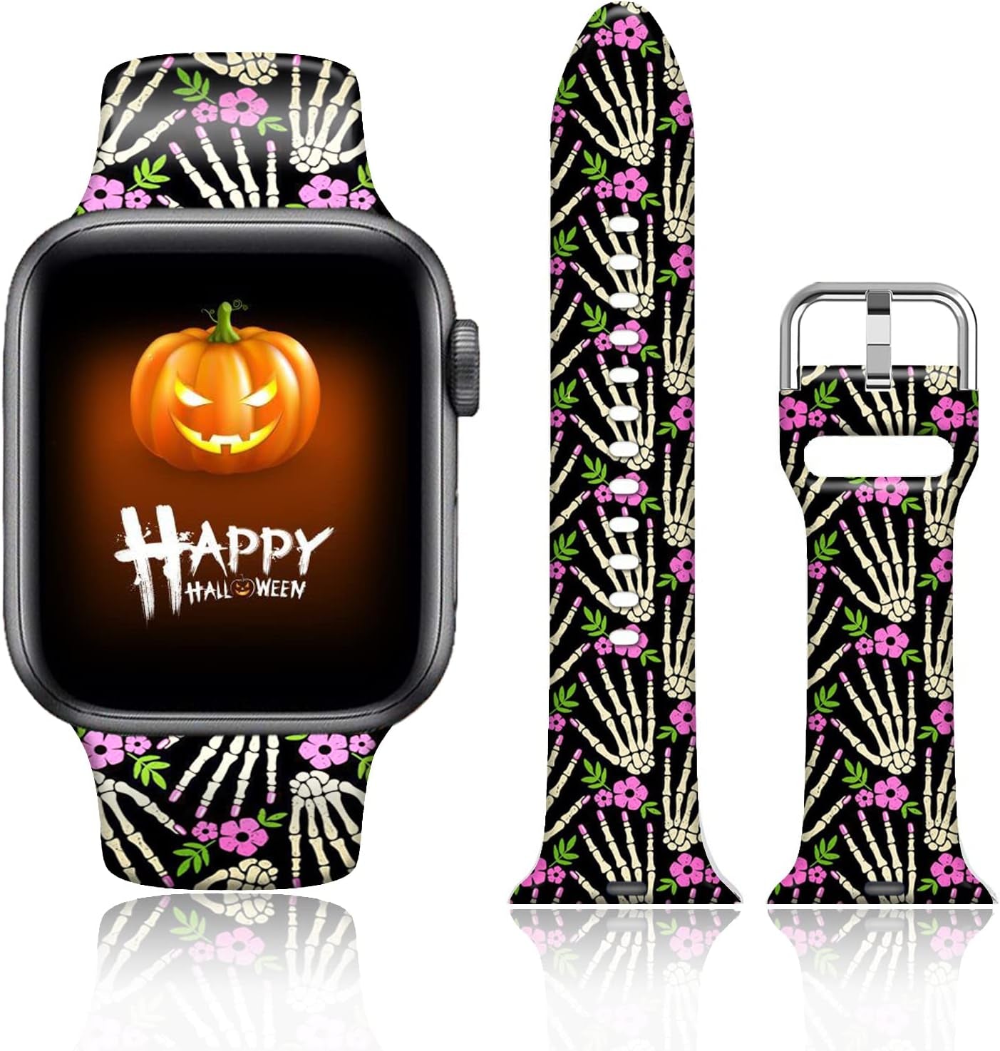 FTFCASE Silicone Floral Bands Compatible with Apple Watch 49Mm 45Mm 44Mm 42Mm, Gray Pattern Printed Soft Silicone Sport Strap Replacement for Iwatch SE Series 8 7 6 5 4 3 2 1 for Women Men Girls  FTFCASE Halloween Bones 38mm/40mm/41mm 