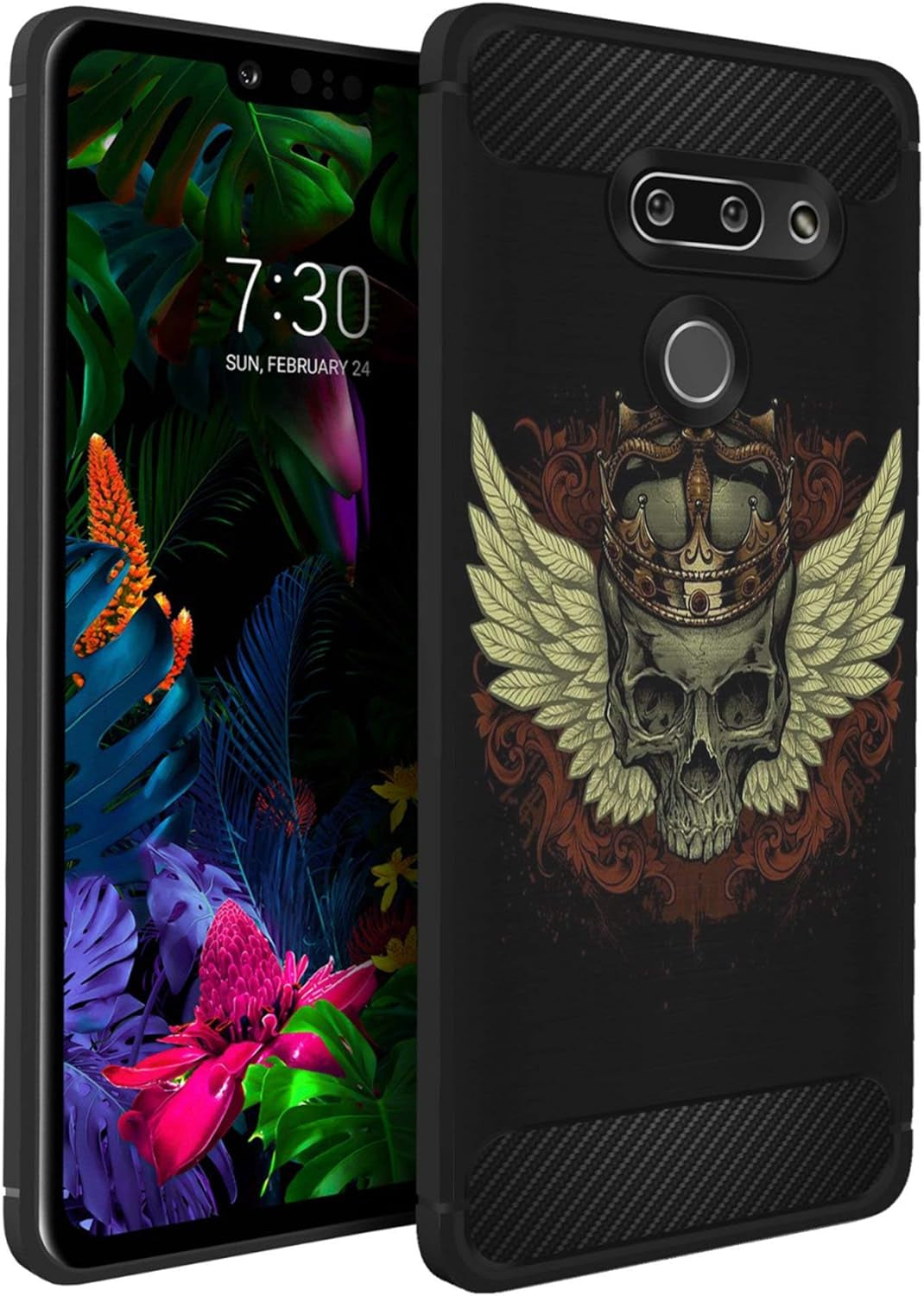 Casesondeck Slim Case Compatible with [LG G8 Thinq/Lg G8] Thin Scratch Preventing TPU, Matte Finish Carbon Fiber Texture Edges (Artic Wolf)  CasesonDeck Winged Skull  