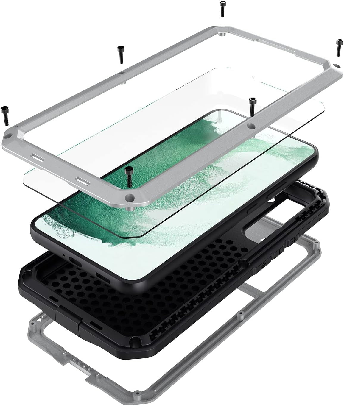 Galaxy S22 Case,Marrkey Full Body Protective Cover Heavy Duty Shockproof [Tough Armour] Aluminum Alloy Metal Case with Silicone Built-In Screen Protector for Samsung Galaxy S22 6.1" - Black  Marrkey Silver  