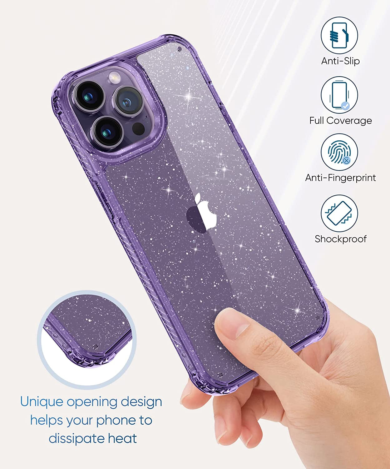 MIODIK for Iphone 14 Pro Max Case Clear Glitter, with Screen Protector + Camera Protector, [Military-Grade Protective] [Non-Yellowing] Slim Shockproof Women Cute Bumper Cover 6.7" 2022 (Light Purple)  MIODIK   