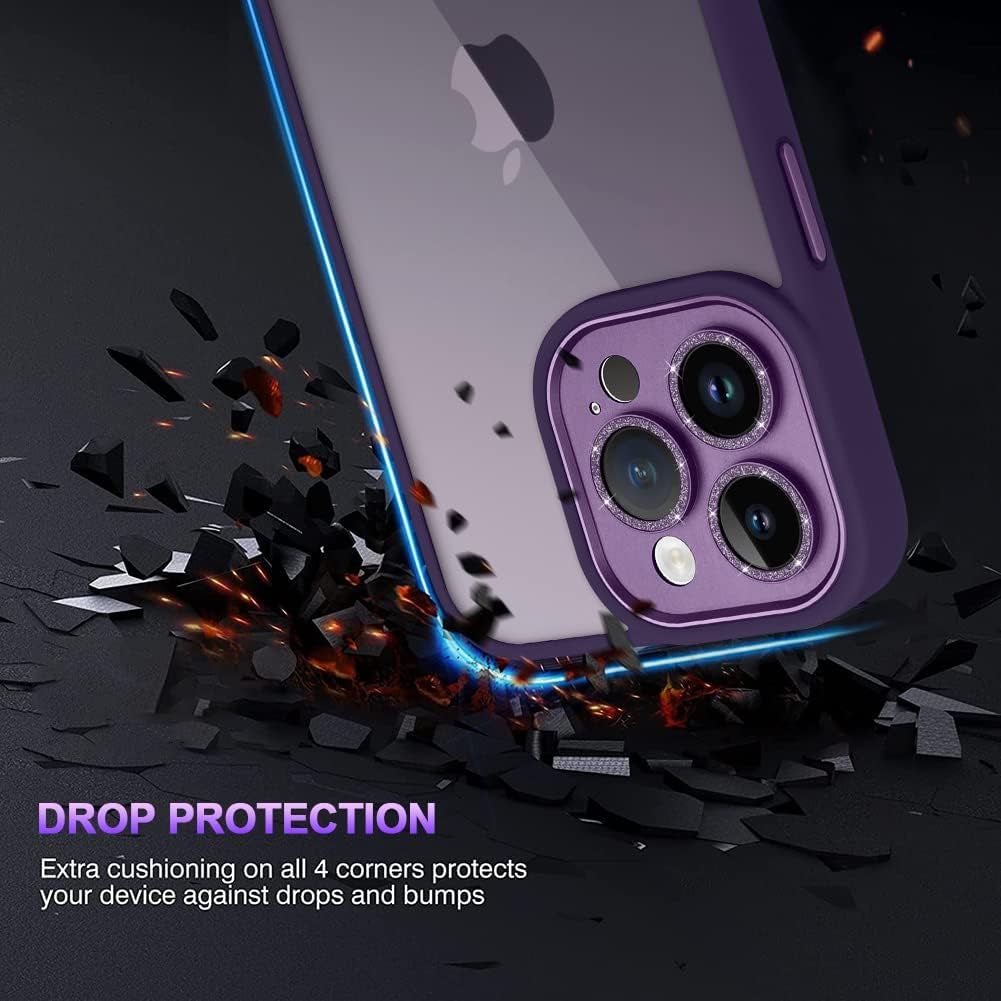 Tharlet Clear for Iphone 14 Pro Case [10FT Military Grade Drop Tested] White Silicone Slim Clear Hard Back Frame with Glitter Camera Lens Case for Iphone 14 Pro Phone Case, Purple (6.1")  tharlet   