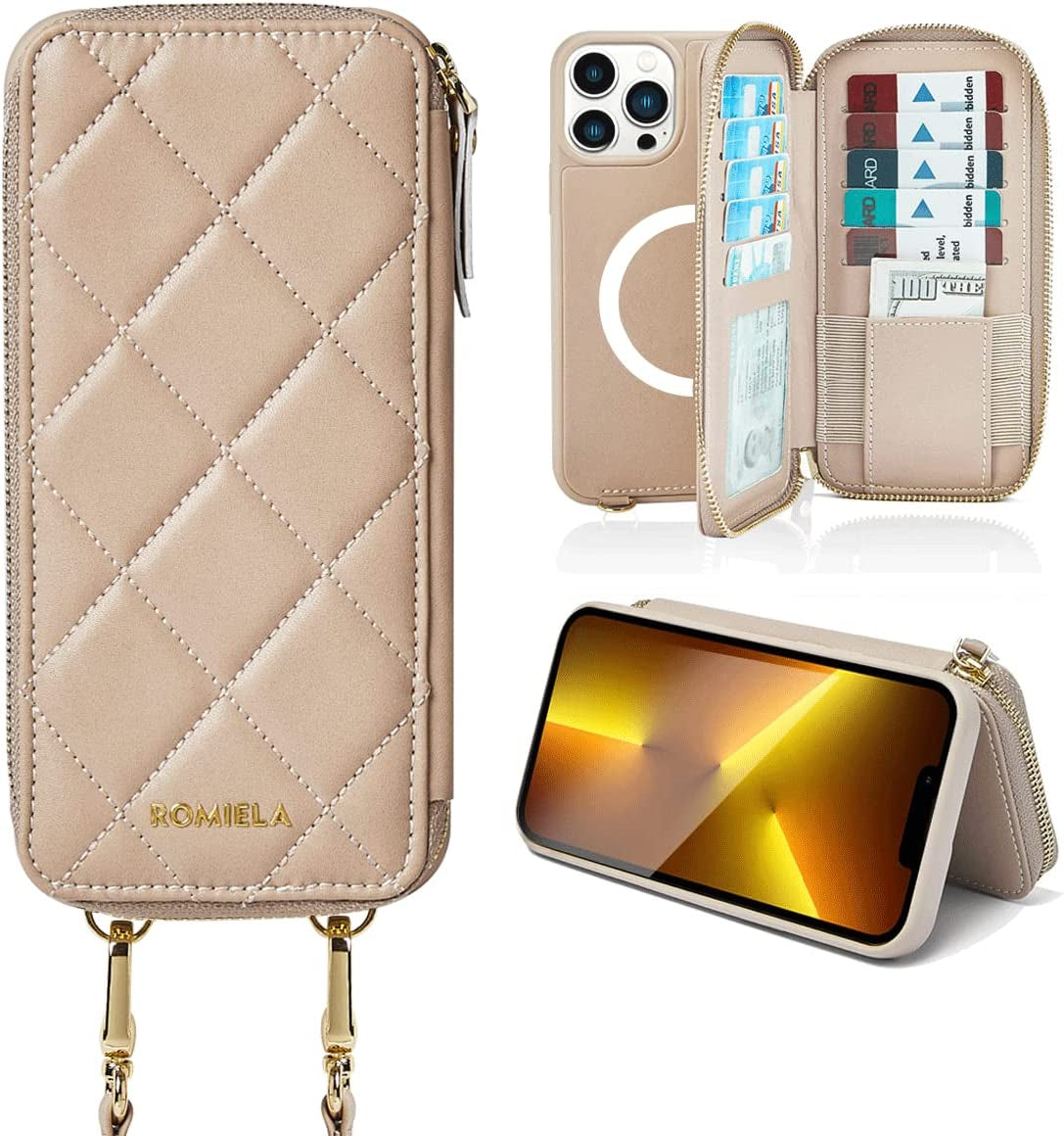 JLFCH Iphone 13 Pro Wallet Case Quilted Leather Women Flip Purse with Crossbody Strap Zipper Support Magsafe Wireless Charging RFID Blocking, ROMIELA Series Iphone 13 Pro 6.1 Inch - Apricot  JLFCH   