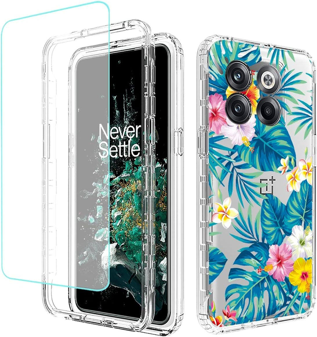 Vokuha Case for Oneplus 10T 5G/Oneplus Ace Pro Case, CPH2415 Case with Tempered Glass Screen Protector, Floral Crystal Clear TPU Shockproof Protective Armor Cover for Oneplus 10T 5G (Rose Flower)  Vokuha Flowers  Leaves  