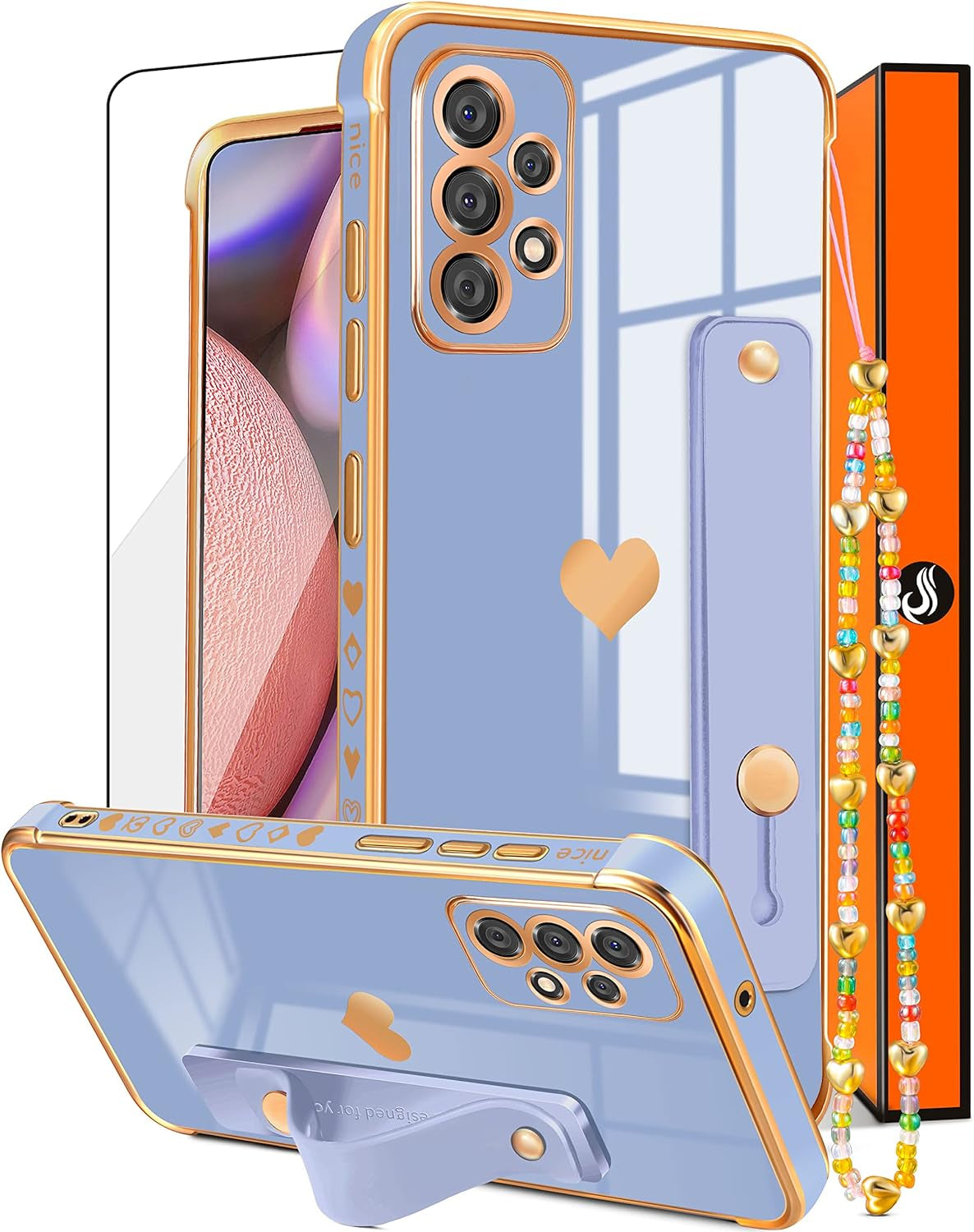 Likiyami (3In1 for Samsung Galaxy A53 5G Case Heart Women Girls Cute Girly Aesthetic Trendy Luxury Pretty with Loop Phone Cases Blue and Gold Plating Love Hearts Cover+Screen+Chain for A53 5G -6.5''  Likiyami Only For Samsung Galaxy A53 5G-Dark Blue  