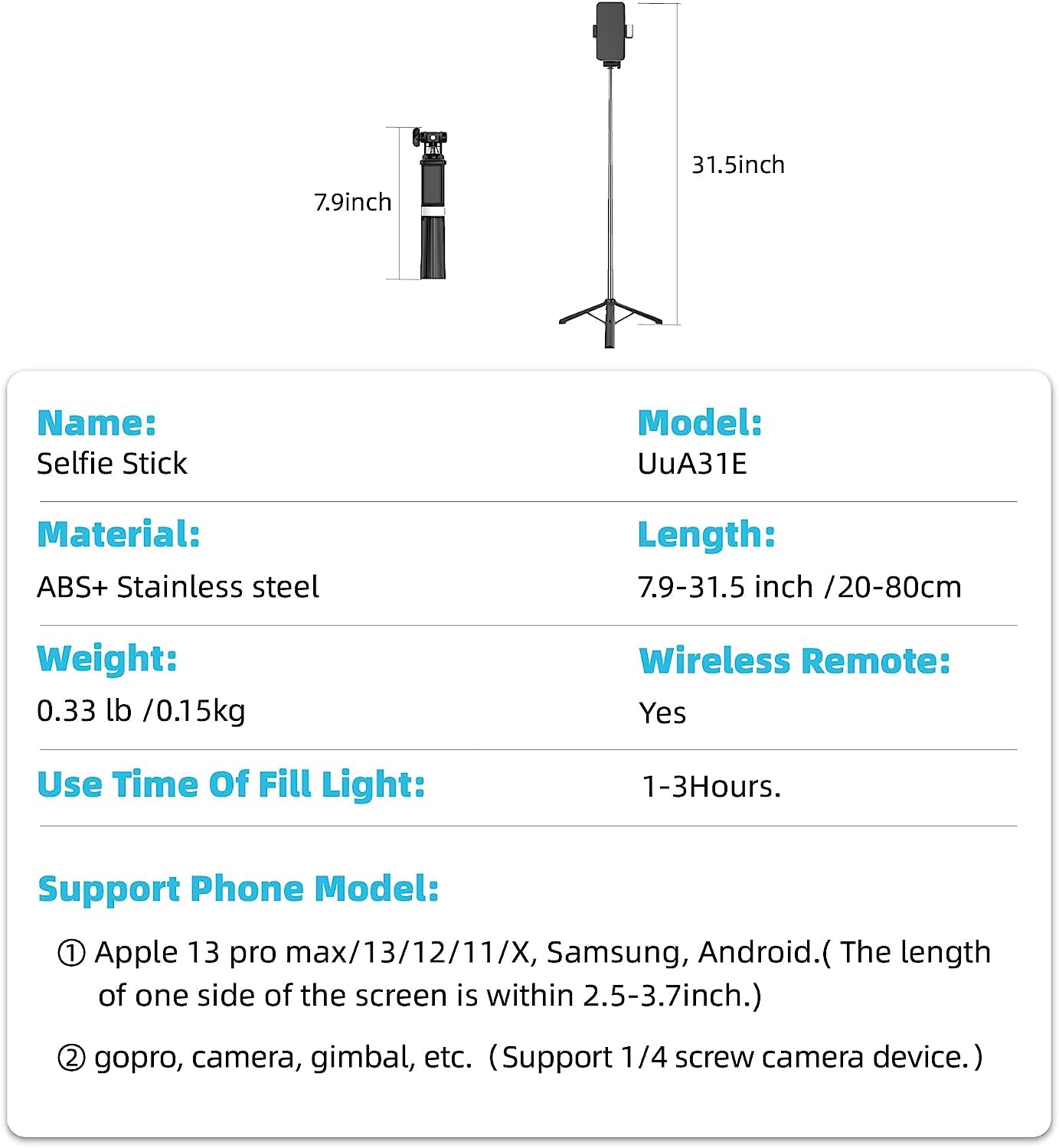 ADYSS Portable Selfie Stick,Ladies Selfie Stick with Tripod,With Fill Light and Wireless Remote, 3 Modes Selfie Stick Mode/Desktop Mode/Ground Mode,Supprot Camera,Selfies/ Vlogging/Live  N\W   