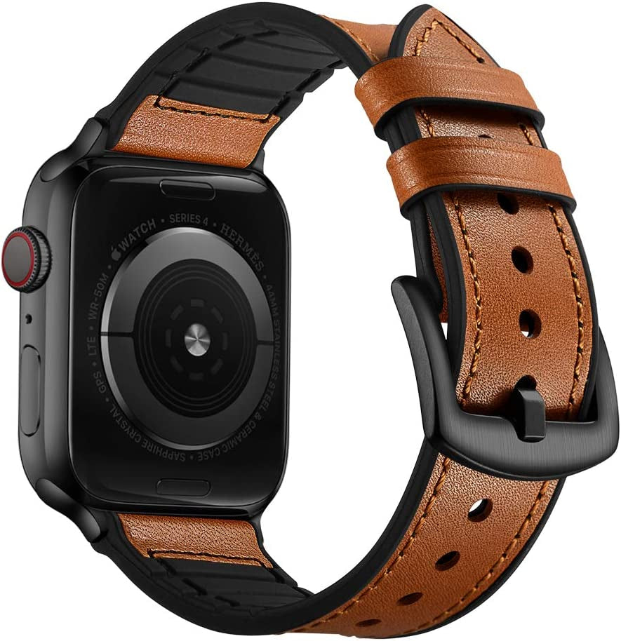 OUHENG Compatible with Apple Watch Band 49Mm 45Mm 44Mm 42Mm, Sweatproof Genuine Leather and Rubber Hybrid Band Strap for Iwatch Ultra Series 8 7 6 5 4 3 2 1 SE2 SE, Brown Band with Black Adapter  OUHENG Light Brown/Black 41mm/40mm/38mm 