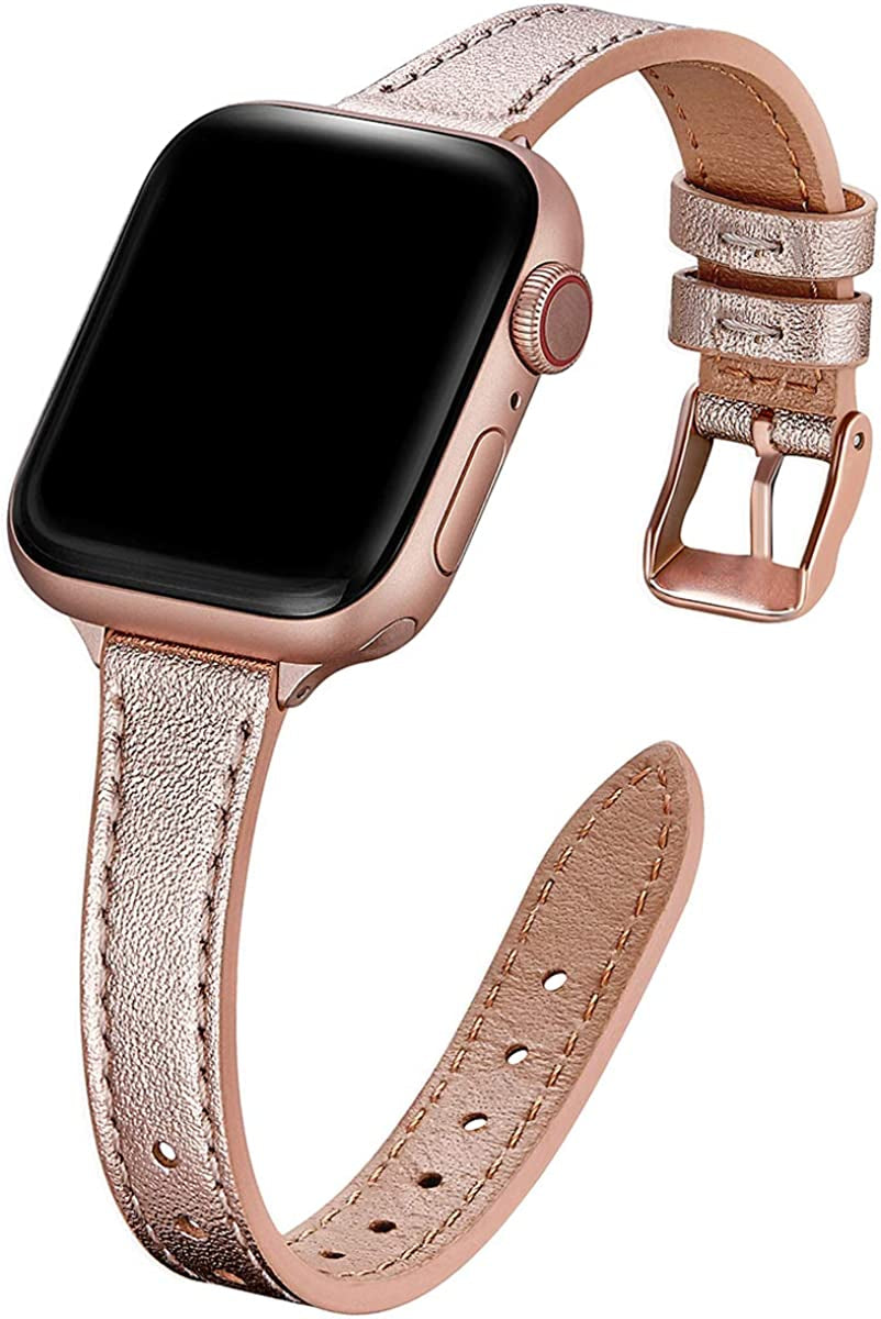 STIROLL Slim Leather Bands Compatible with Apple Watch Band 38Mm 40Mm 41Mm 42Mm 44Mm 45Mm 49Mm, Top Grain Leather Watch Thin Wristband for Iwatch Ultra SE Series 8/7/6/5/4/3/2/1  STIROLL Rose Gold with Rose Gold 38mm/40mm/41mm 