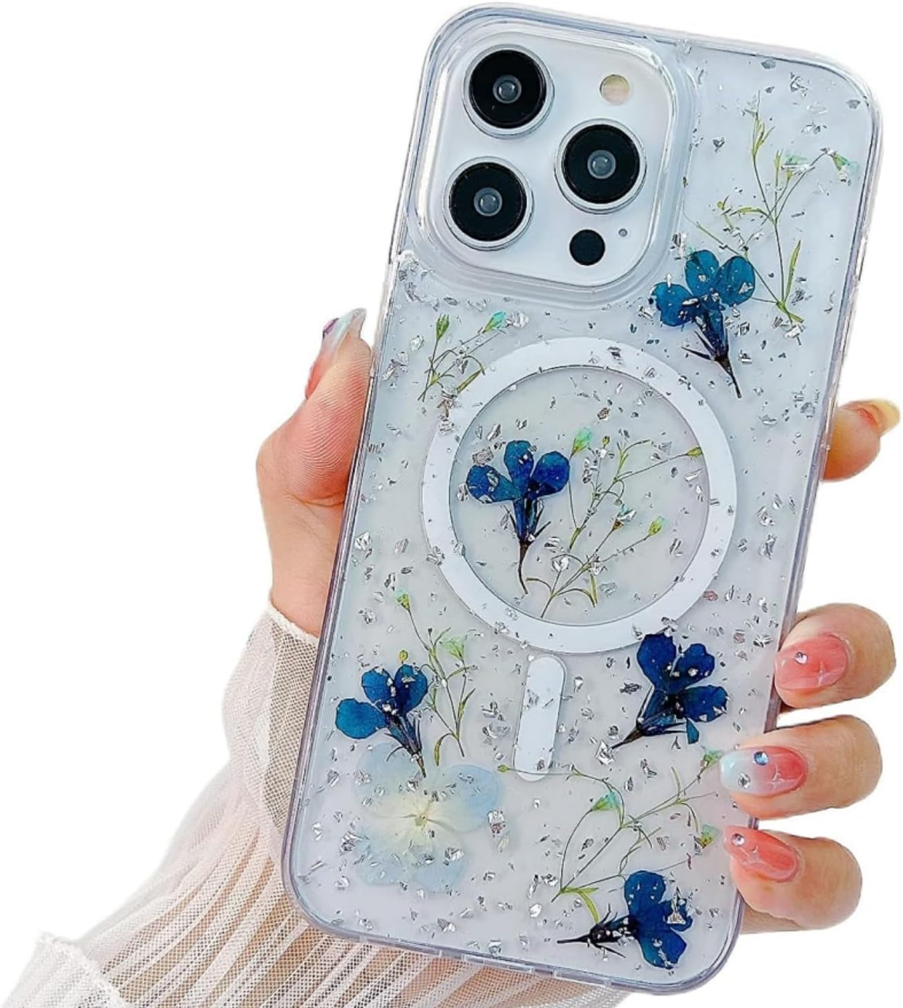 Ytanazing Magnetic Floral Case for Iphone 14 Pro Max [Compatible with Magsafe], Real Flowers Glitter Design Aesthetic Slim Shockproof Protect Sparkle Unique Silicone Phone Cover for Women Girls(Gold)  YTanazing Navy Blue  