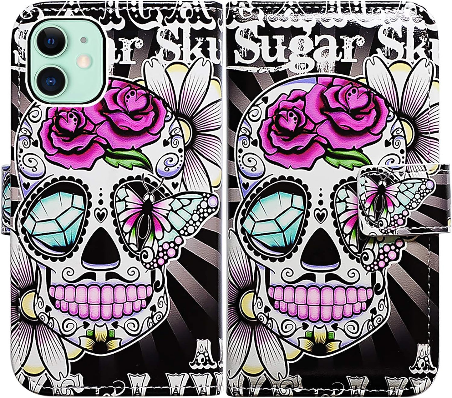 Bcov Iphone 13 Case,Blue Butterfly Flowers Rose Leather Flip Phone Case Wallet Cover with Card Slot Holder Kickstand for Iphone 13  Bcov Purple Flower Sugar Skull  