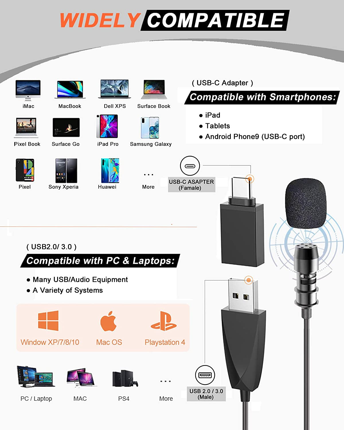 USB Lavalier Lapel Microphone for Video Recording Podcasting Streaming, USB C Clip-On Computer Microphones, Plug & Play Omnidirectional Condenser Lav Mic for Android Phone PC Laptop Mac Macbook PS4  Z ZAFFIRO   