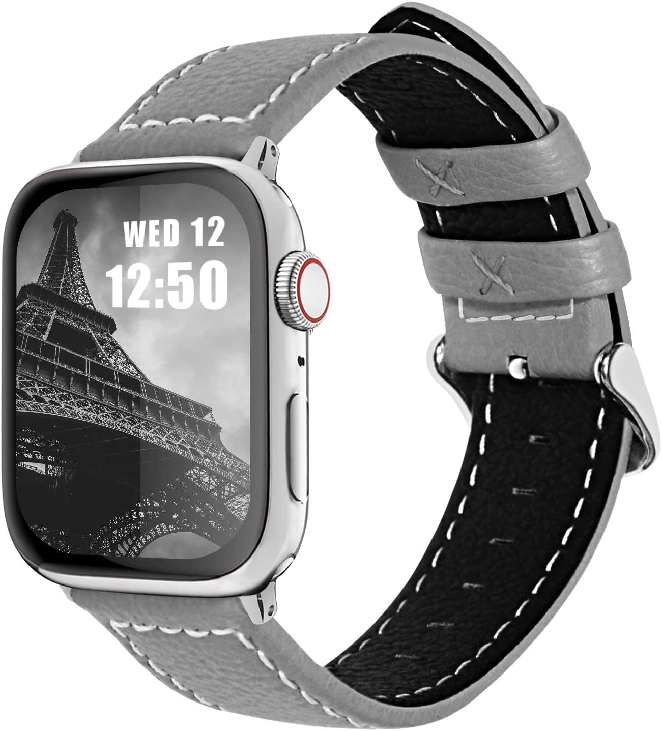 Fullmosa Compatible Apple Watch Band Leather 42Mm 44Mm 45Mm 38Mm 41Mm 40Mm for Iwatch Se/Se2/Series 8/7/6/5/4/3/2/1/Ultra 49Mm,42Mm/44Mm/45Mm White + Silver Buckle  Fullmosa Grey + silver buckle 42mm/44mm/45mm/49mm 