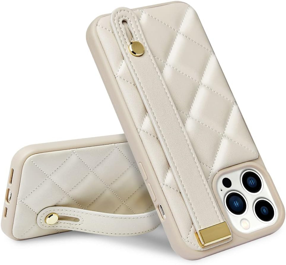 ZVE Iphone 11 Pro Stand Case Quilted Leather Cover, Shockproof Case with Kickstand for Women Strap Cover Case Compatible with Iphone 11 Pro, 5.8 Inch-Black  ZVE Beige Iphone 14 Pro 6.1" 