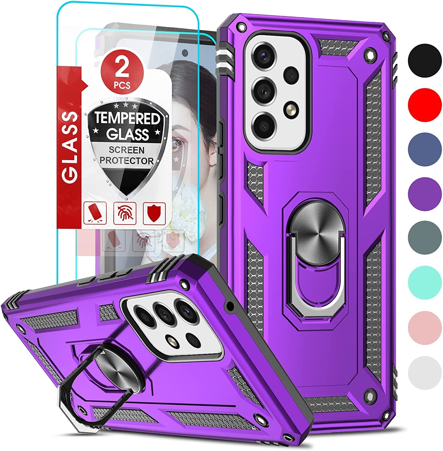 Leyi for Galaxy A53 5G Case with [2 Pack] Screen Protectors, A53 5G Case [Military-Grade] Shockproof Protective Case, Samsung Galaxy A53 Ring Kickstand Phone Cover Case for Samsung A53 5G, Black  LeYi Purple  