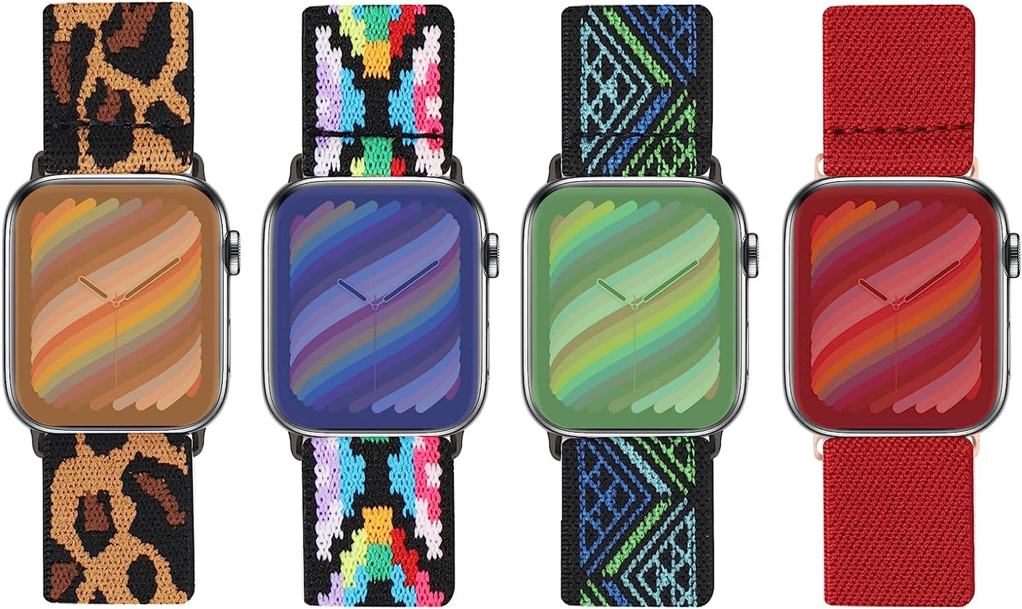 Silutupo Stretchy Bands Compatible with Apple Watch Band 38Mm 40Mm 41Mm for Women - 4 Pack Braided Nylon Watch Band Compatible for Iwatch Series 7 6 5 4 3 2 1 SE  Silutupo Red/Cheetah&Leopard/Rhombus/Blue&Green  