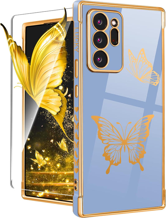 Coralogo for Samsung Galaxy Note 20 Ultra Case Butterfly for Women Girls Girly Pretty Phone Cases Cute Blue Gold Plating Butterflies Design with Screen Aesthetic Cover for Galaxy Note 20 Ultra 5G 6.9"  Coralogo   