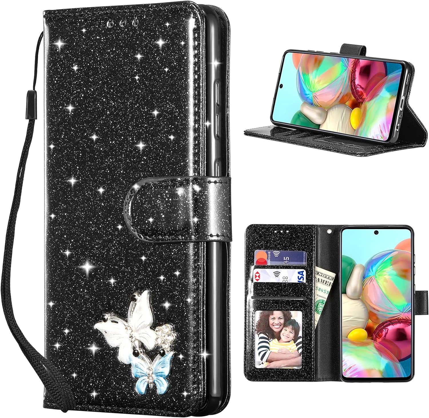UEEBAI Wallet Case for Samsung Galaxy A53 5G, Premium Glitter PU Leather Phone Case Card Slots Kickstand Case Magnetic Closure Bling Handbag Case Shockproof Hand Strap Flip Cover - Glitter Purple  UEEBAI Black Samsung Galaxy A52 4G/5G A52S 5G 