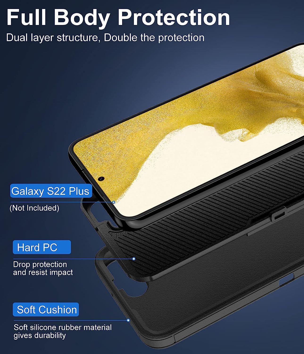 Dahkoiz for Samsung Galaxy S22 plus Case, Dust-Proof Port Cover, Full Body Durable Silicone Rubber Phone Case for Samsung Galaxy S22 plus 5G, Black  UNISMART INC   