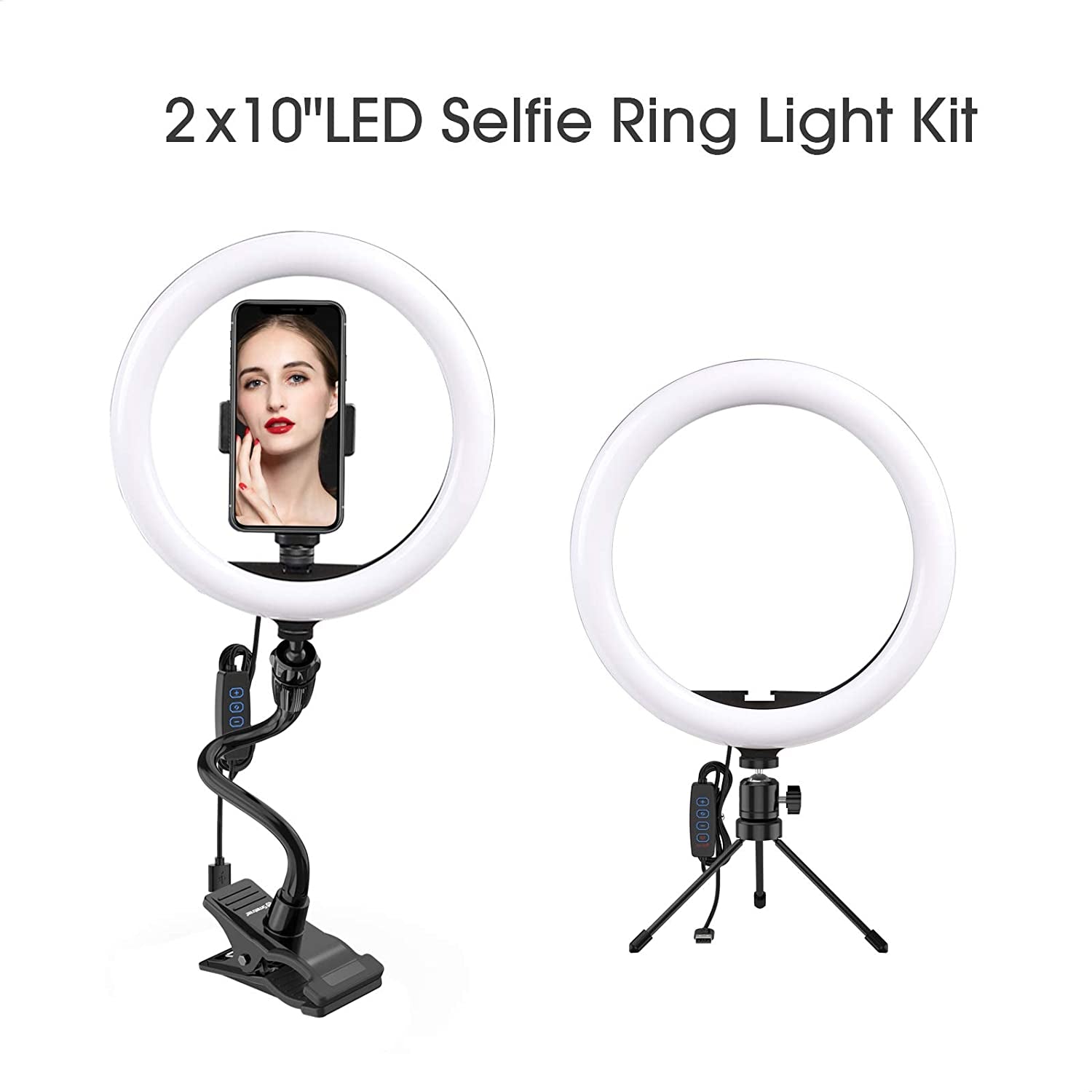 Smatree 10" LED Selfie Ring Light with Flex Clamp Mount & Tripod Stand & Phone Holder,Dimmable Desktop Dual Ring Light Double Lamp Set with 3 Light Modes for Live Streaming/Makeup/Tiktok/Youtube/Vlog  Smatree   
