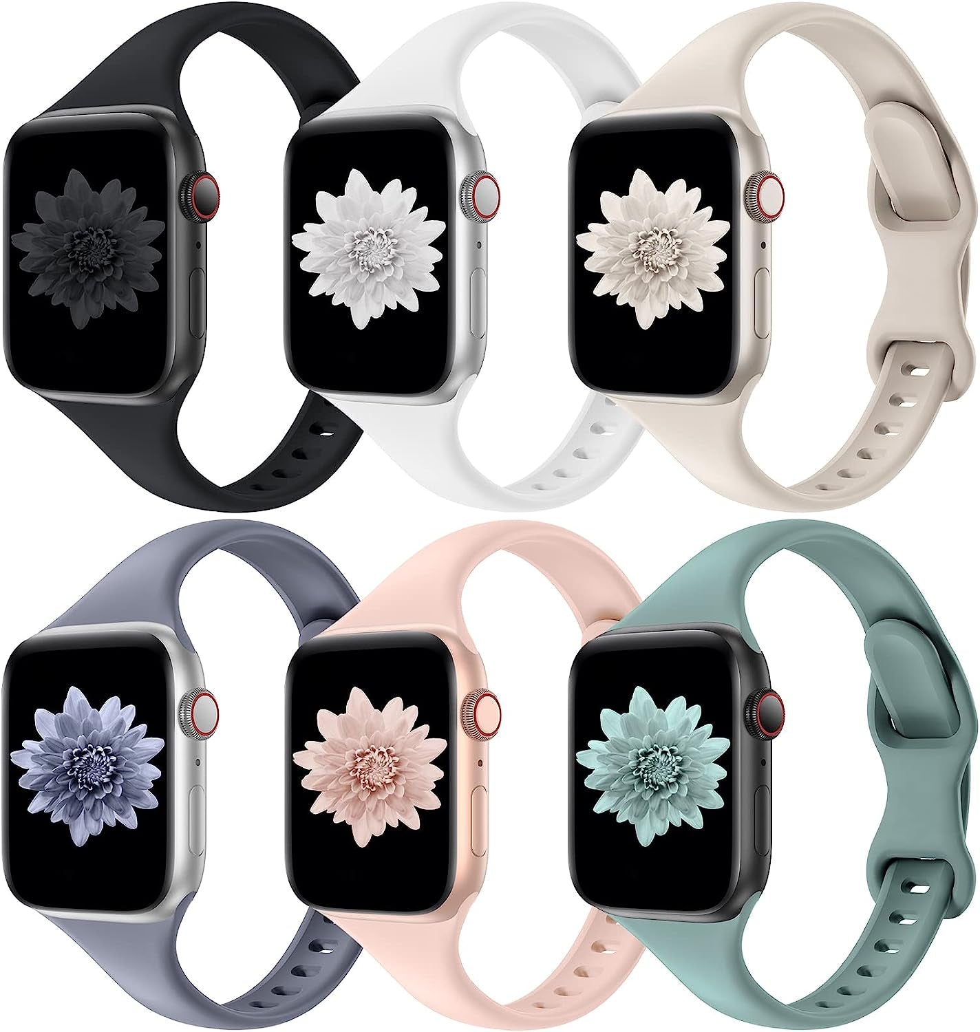 Distore 6 Pack Bands Compatible with Apple Watch 38Mm 40Mm 41Mm 42Mm 44Mm 45Mm 49Mm, Slim Thin Narrow Replacement Soft Silicone Sport Strap for Iwatch Series Ultra 8/7/6/5/4/3/2/1 SE Women Men  Distore Black/White/Starlight/Blue Gray/Pink Sand/Cactus 38/40/41mm 