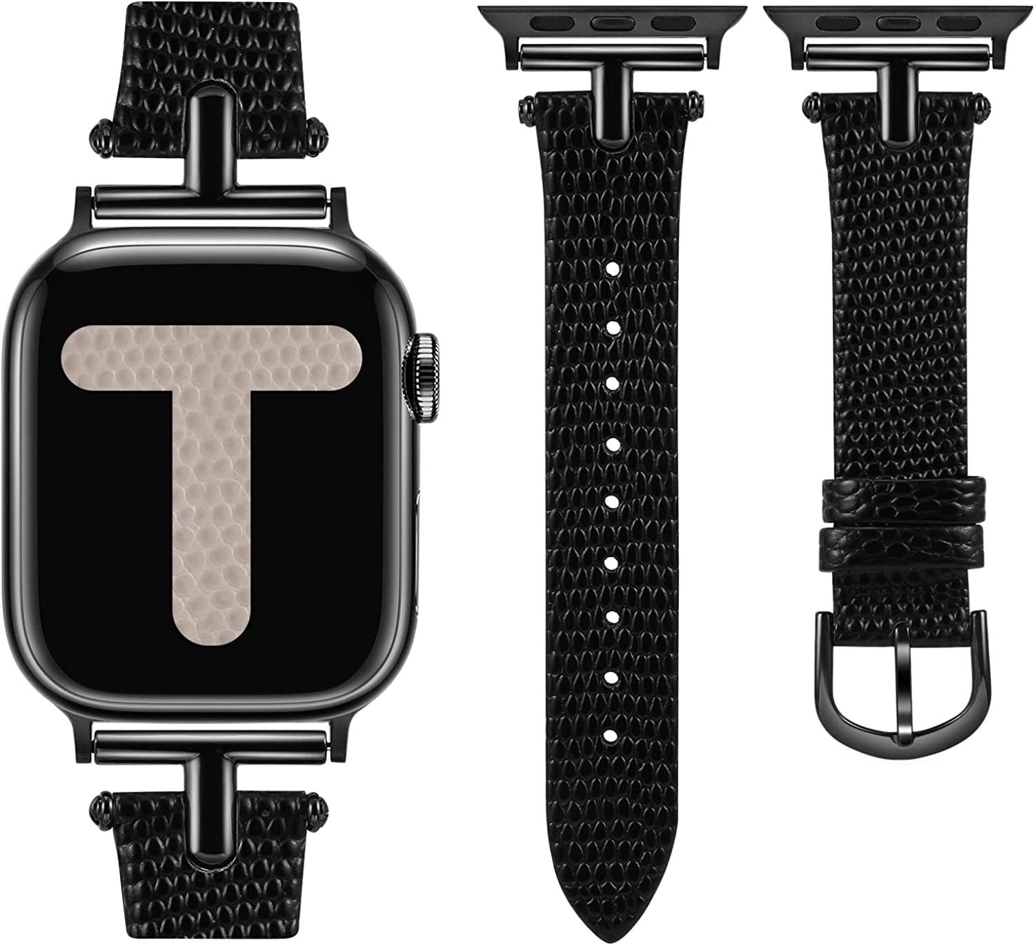 Wearlizer Leather Band Compatible with Apple Watch Band Women 38Mm 40Mm 41Mm 42Mm 44Mm 45Mm 49Mm Dressy Fashion Leather Strap with T-Shape Metal Buckle for Iwatch Bands Ultra SE Series 8 7 6 5 4 3 2 1  Wearlizer Lizard Black/Black Buckle 38/40/41mm 