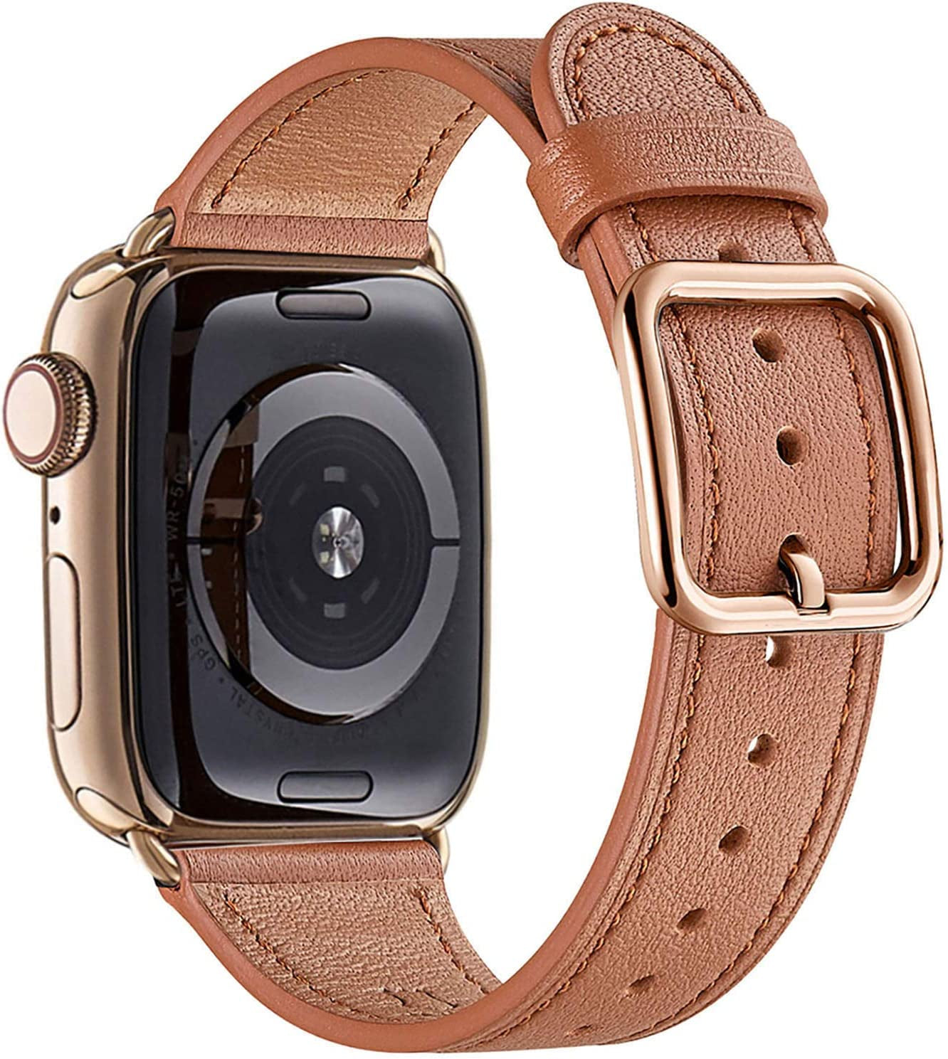 MNBVCXZ Compatible with Apple Watch Band 38Mm 40Mm 41Mm 42Mm 44Mm 45Mm 49Mm Women Men Girls Boys Genuine Leather Replacement Strap for Iwatch Series 8 7 6 5 4 3 2 1 Iwatch Ultra SE (Pink Sand/Rose Gold)  MNBVCXZ-US Brown/Gold 38mm 40mm 41mm 
