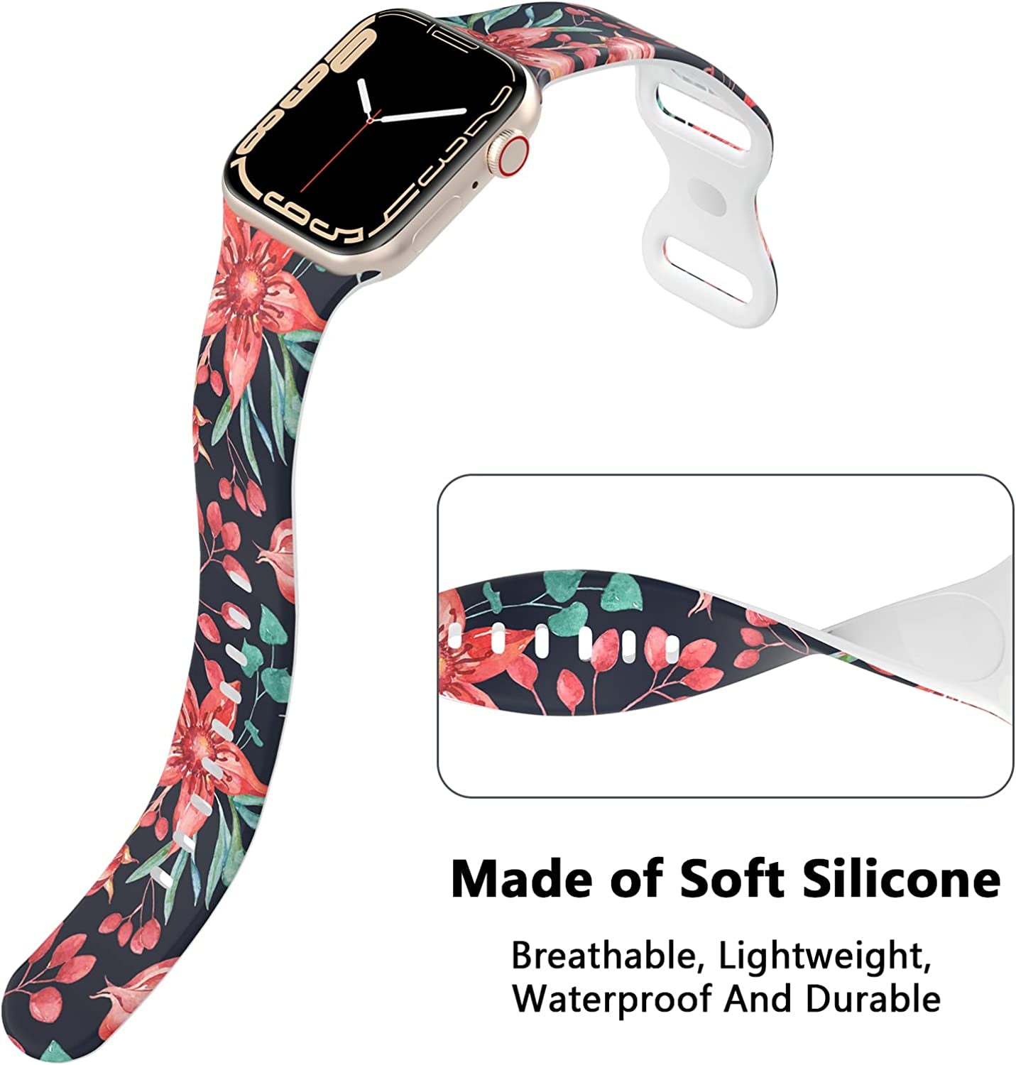 Floral Apple Watch Bands 38Mm 40Mm 41Mm 42Mm 44Mm 45Mm for Women Men, Soft Silicone Sport Replacement Watch Band Flower Design Breathable Slim Strap Wristband for Iwatch Series SE 7 6 5 4 3 2 1 Band  HONEYBABY   