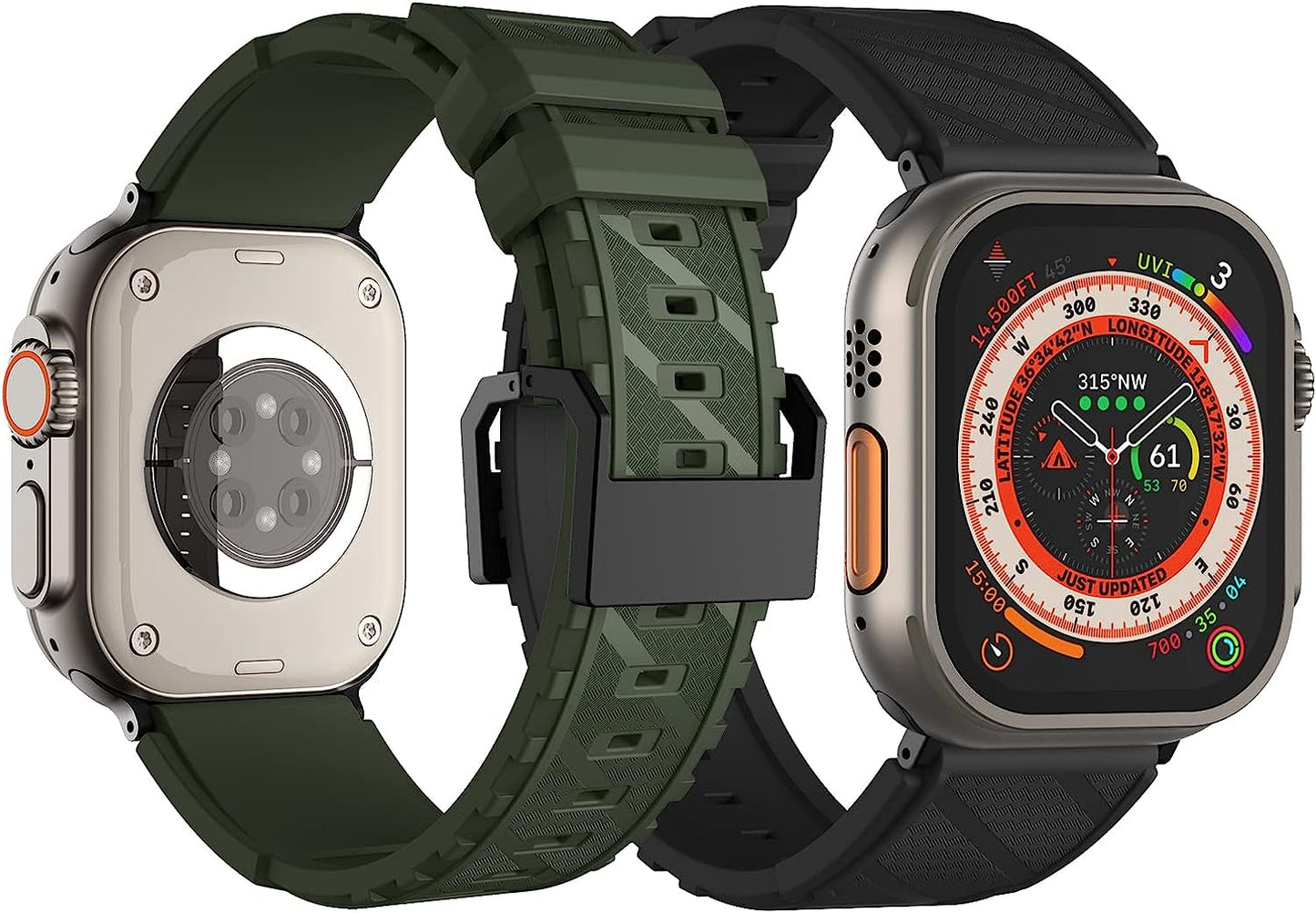 Sport Bands Compatible with Apple Watch Ultra Band 49Mm 45Mm 44Mm 42Mm for Men, Soft Silicone Wristbands Waterproof Replacement Strap for Iwatch Series 8 7 6 5 SE Ultra, 2 Packs  Suitisbest New Black/New Army Green 49mm/45mm/44mm/42mm Large 