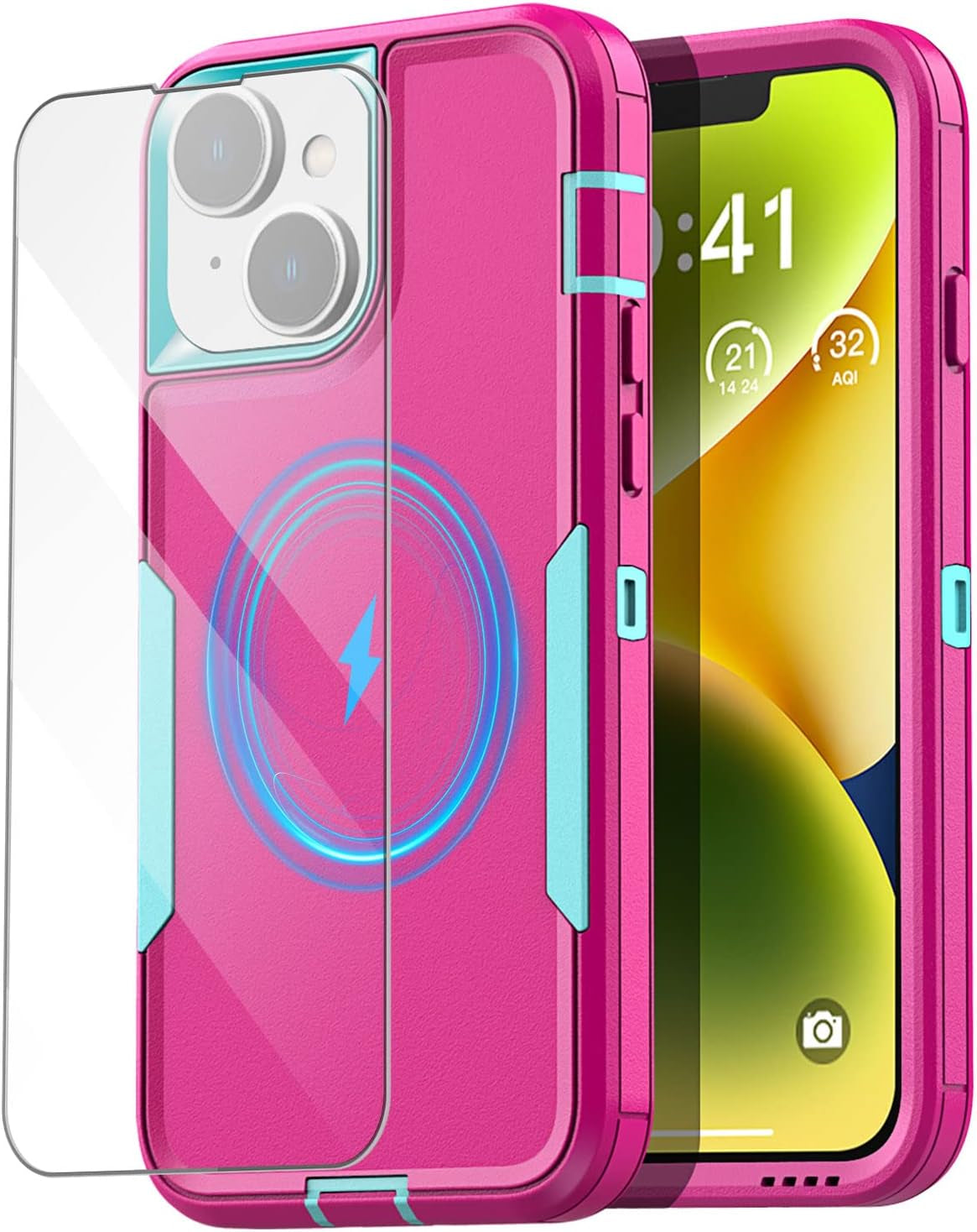 Aicase Magnetic Case for Iphone 14 Plus,Support Magnetic Car Mount Heavy Duty 2-Layer Pocket-Friendly Durable Military Grade Protection Shockproof/Dropproof Protective Cover for Iphone 14 plus 6.7"_1  AICase Pink With Glass Protector_Magsafe Function  