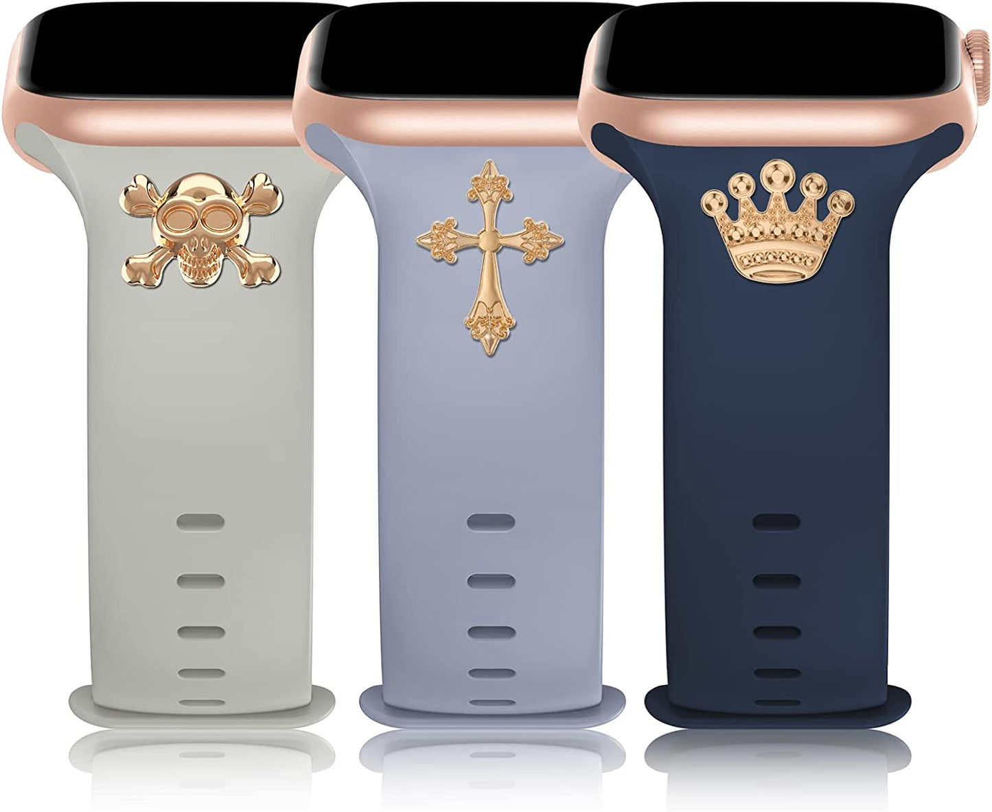 3 Pack Sport Band with DIY Charms Compatible with Apple Watch Bands 41Mm 40Mm 38Mm, Designer Soft Silicone Wristbands Replacement Strap for Iwatch Series SE 8 7 6 5 4 3 2 1 Utral for Women Men  Plesechde Navy Blue/Lavender Gray/Stone 42mm/44mm/45mm/49mm 